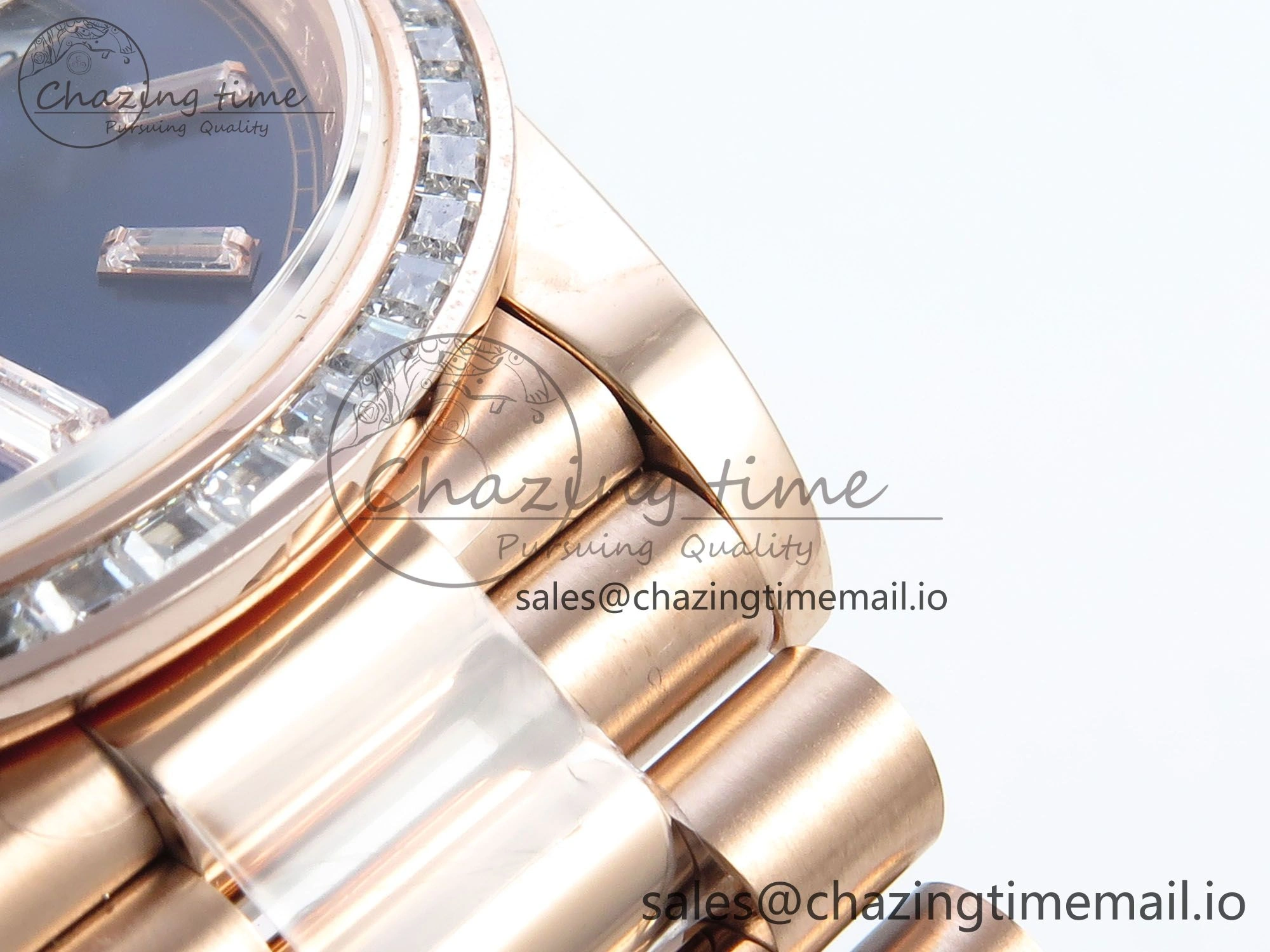 DayDate 40 RG QF 1:1 Best Edition Blue Crystal Dial Diamonds Bezel on President Bracelet A2836 V5 (Gain Weight)