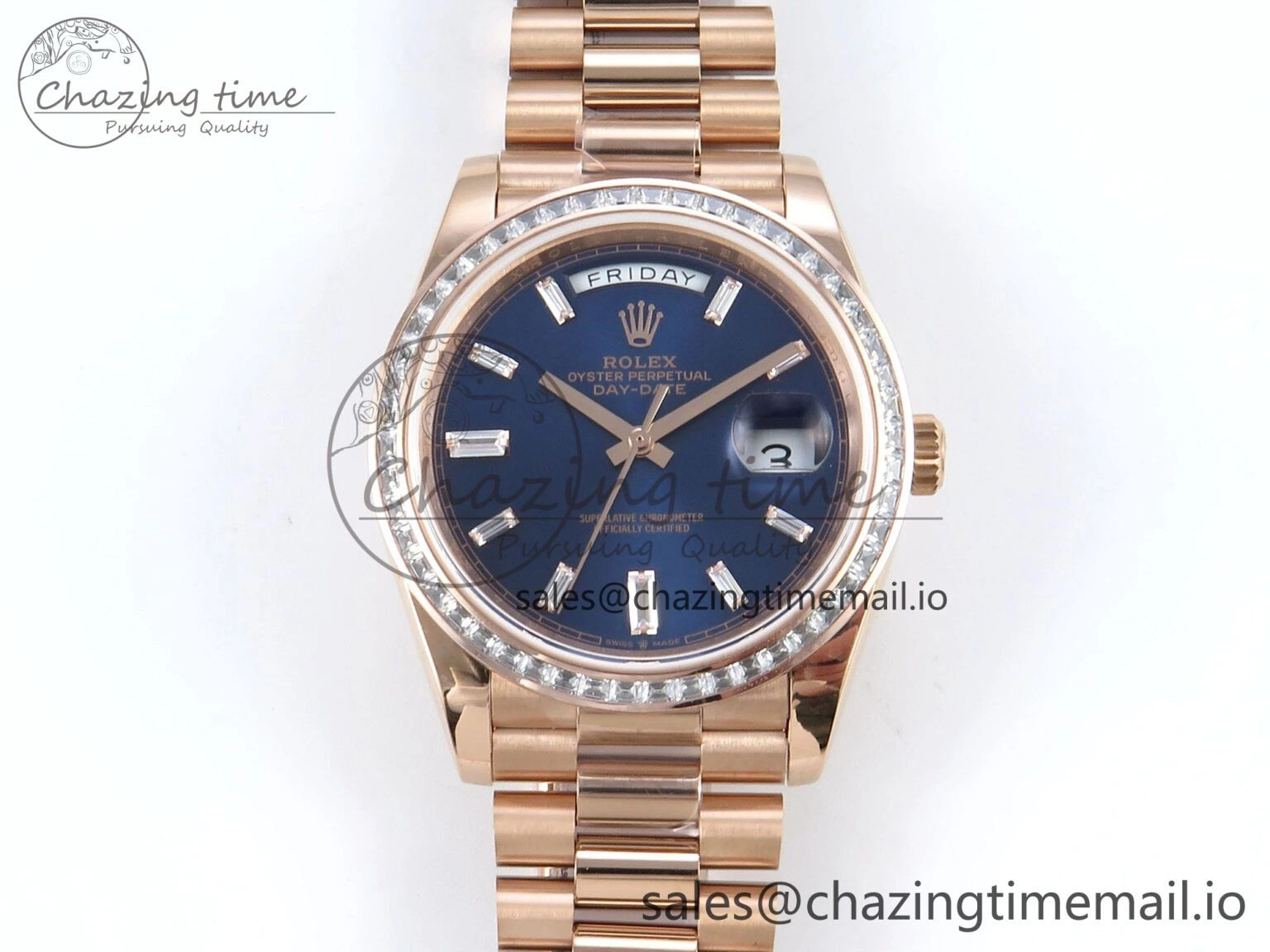 DayDate 40 RG QF 1:1 Best Edition Blue Crystal Dial Diamonds Bezel on President Bracelet A2836 V5 (Gain Weight)