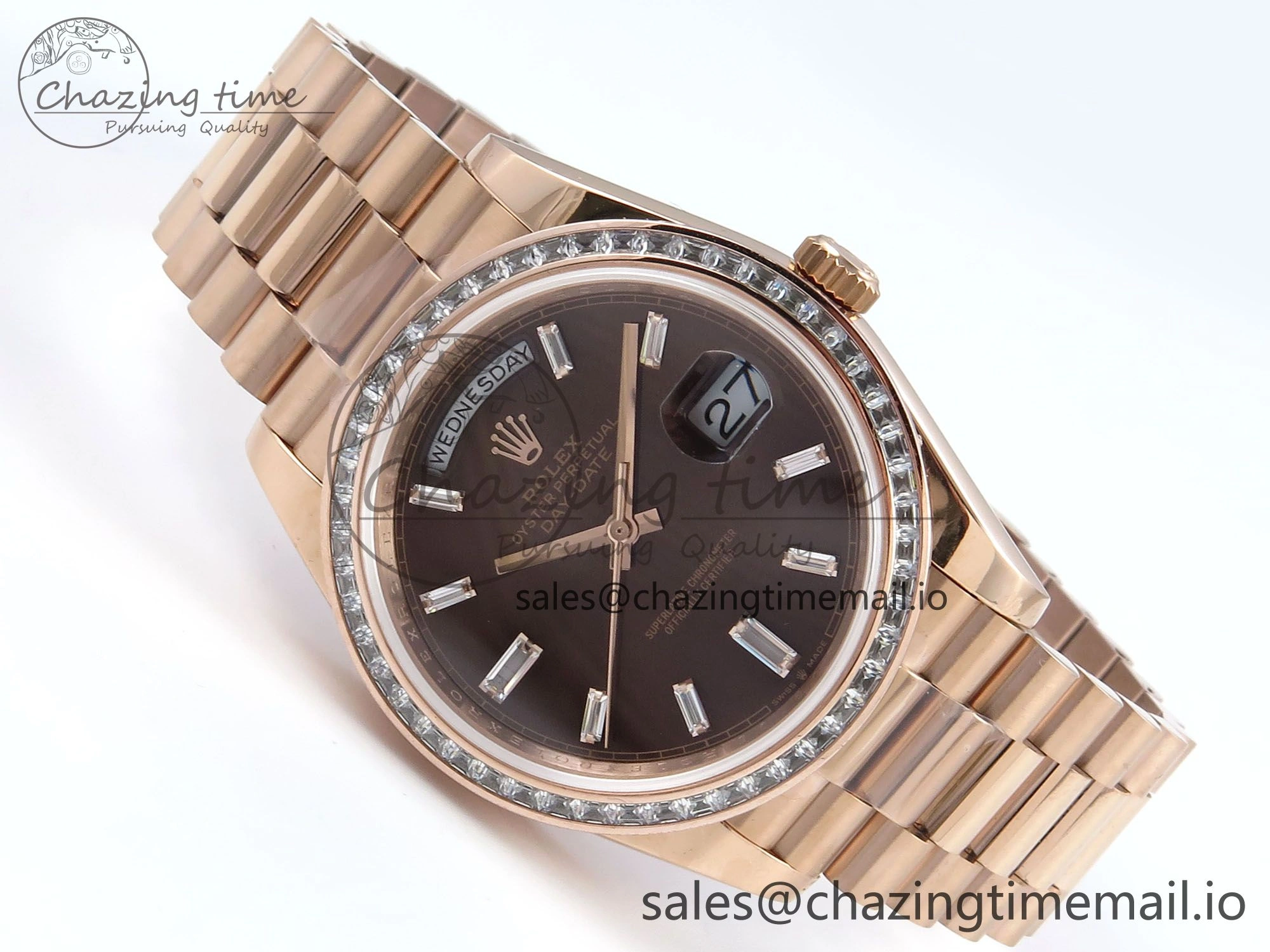 DayDate 40 RG QF 1:1 Best Edition Brown Crystal Dial Diamonds Bezel on President Bracelet A2836 V5 (Gain Weight)
