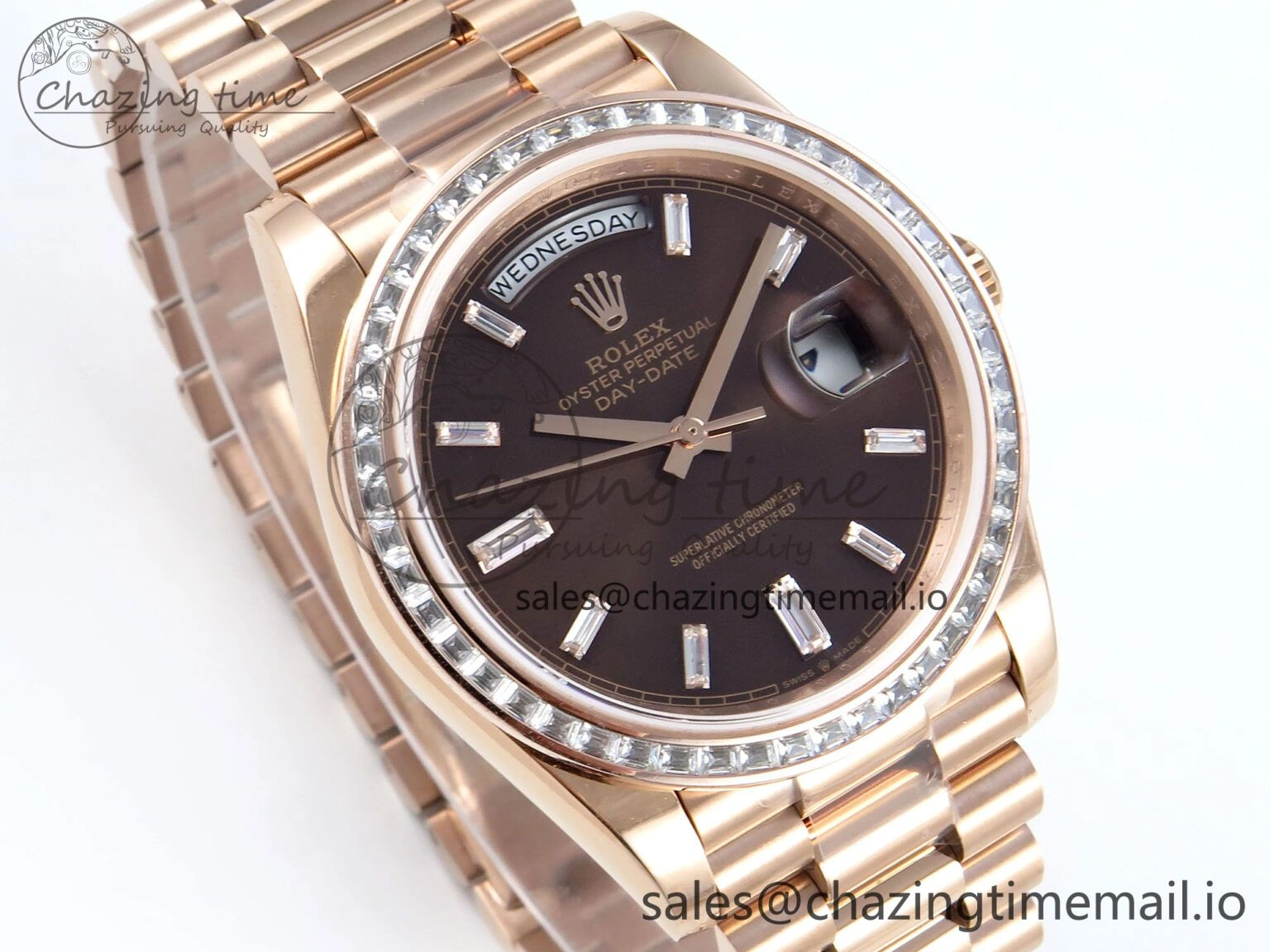 DayDate 40 RG QF 1:1 Best Edition Brown Crystal Dial Diamonds Bezel on President Bracelet A2836 V5 (Gain Weight)