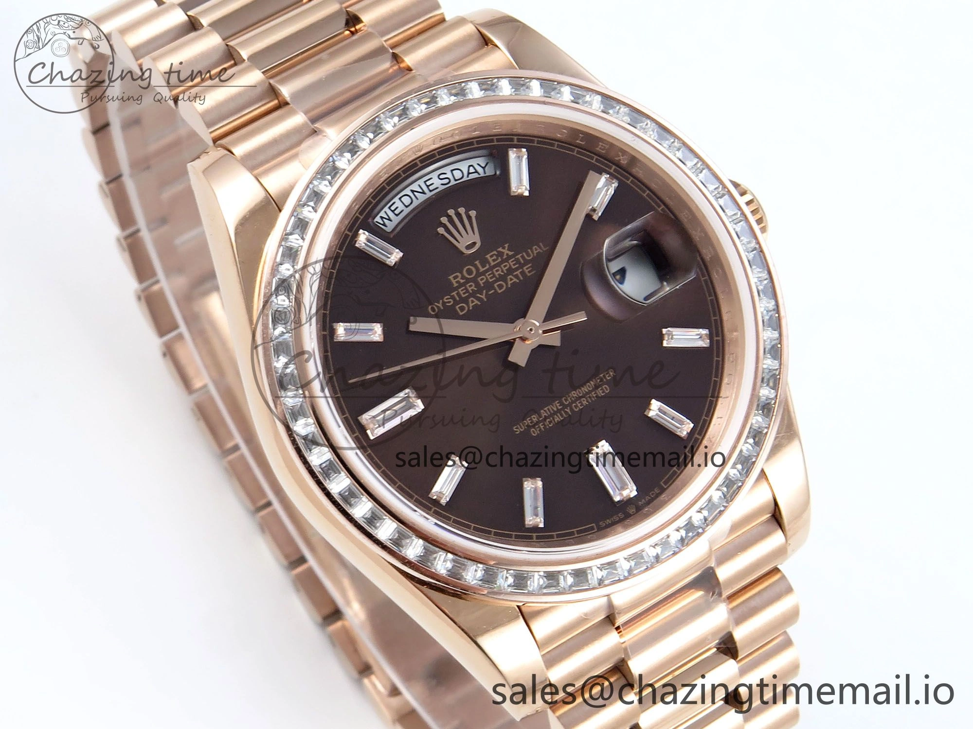 DayDate 40 RG QF 1:1 Best Edition Brown Crystal Dial Diamonds Bezel on President Bracelet A2836 V5 (Gain Weight)
