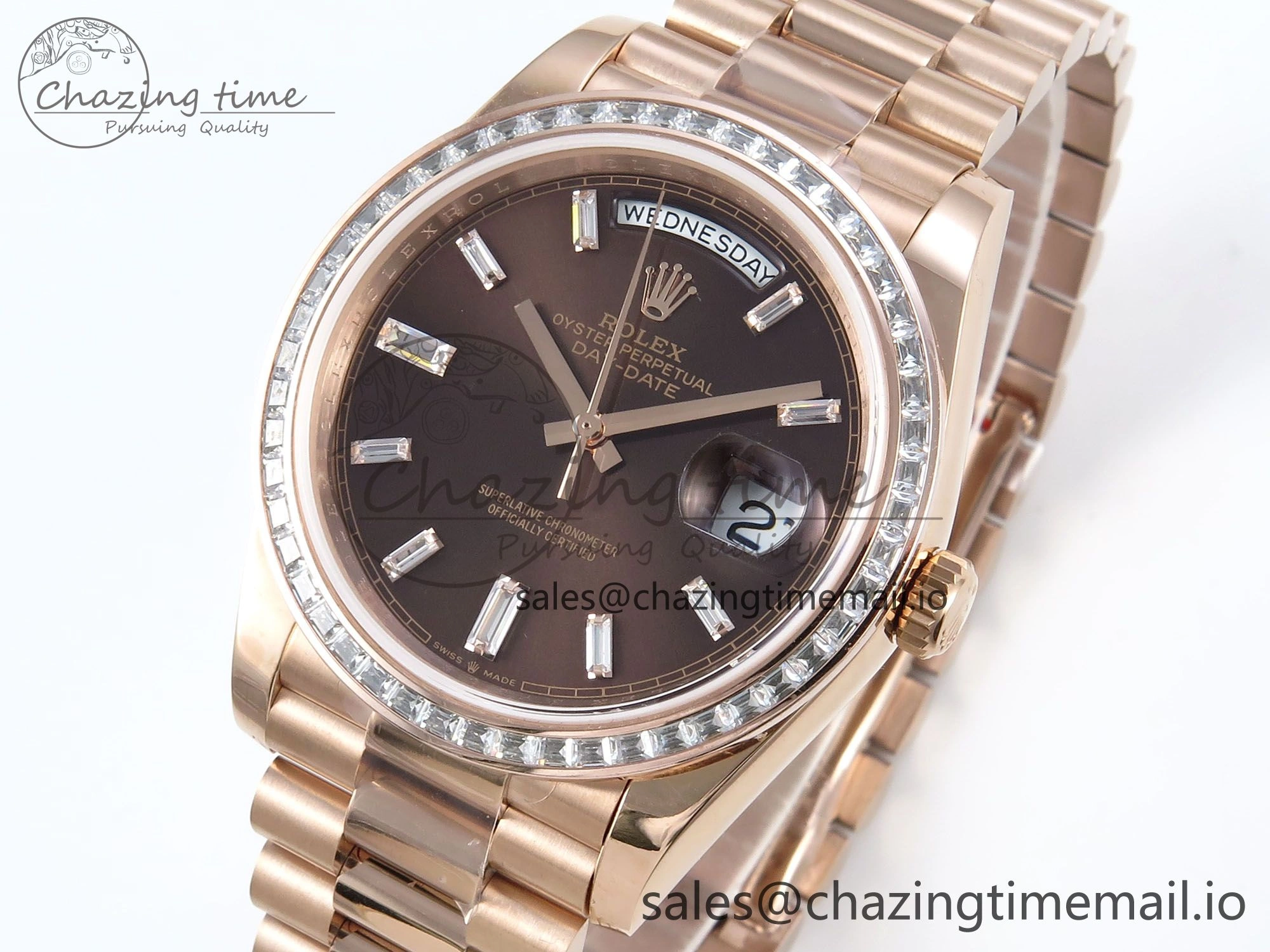 DayDate 40 RG QF 1:1 Best Edition Brown Crystal Dial Diamonds Bezel on President Bracelet A2836 V5 (Gain Weight)