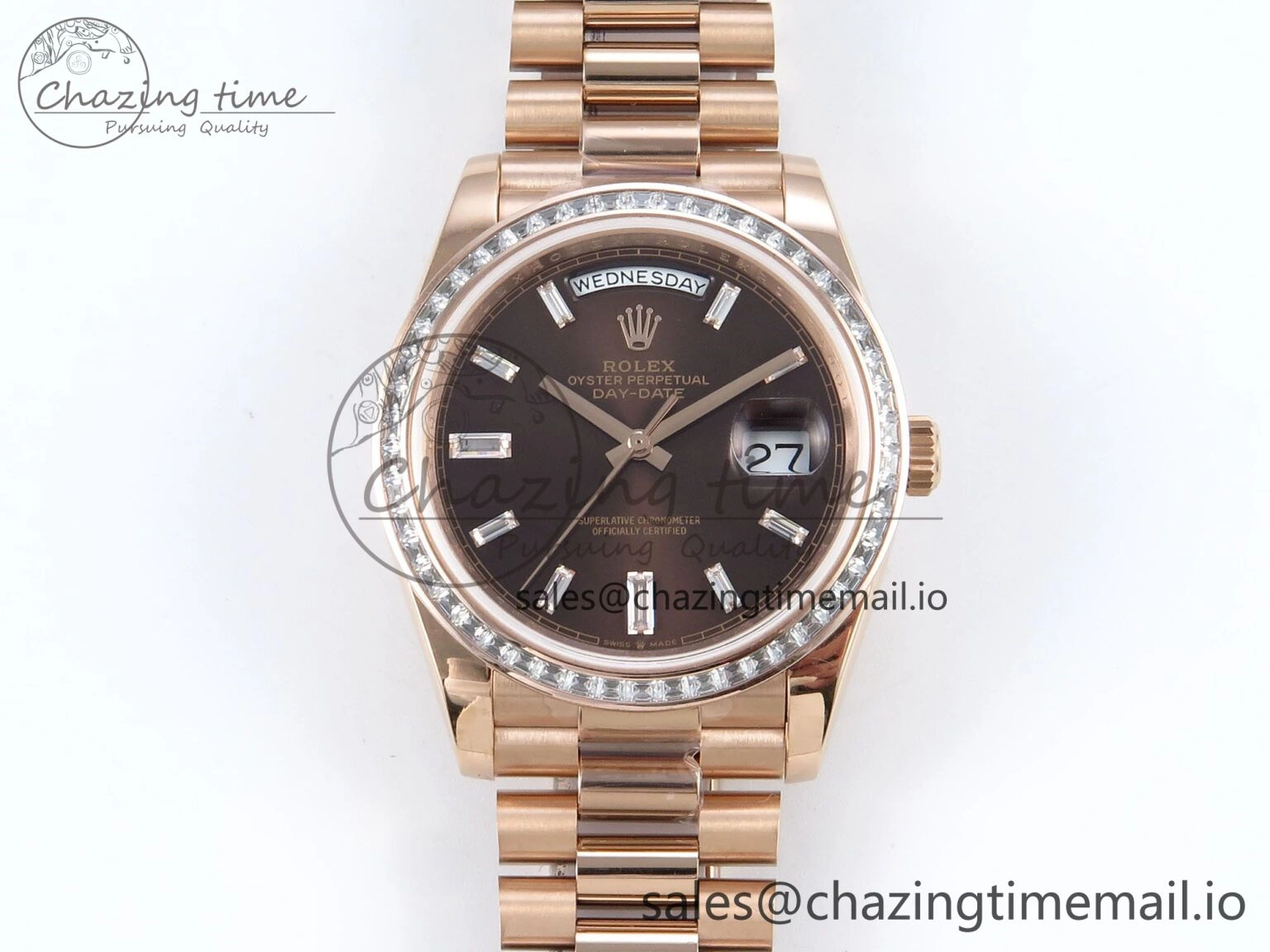 DayDate 40 RG QF 1:1 Best Edition Brown Crystal Dial Diamonds Bezel on President Bracelet A2836 V5 (Gain Weight)