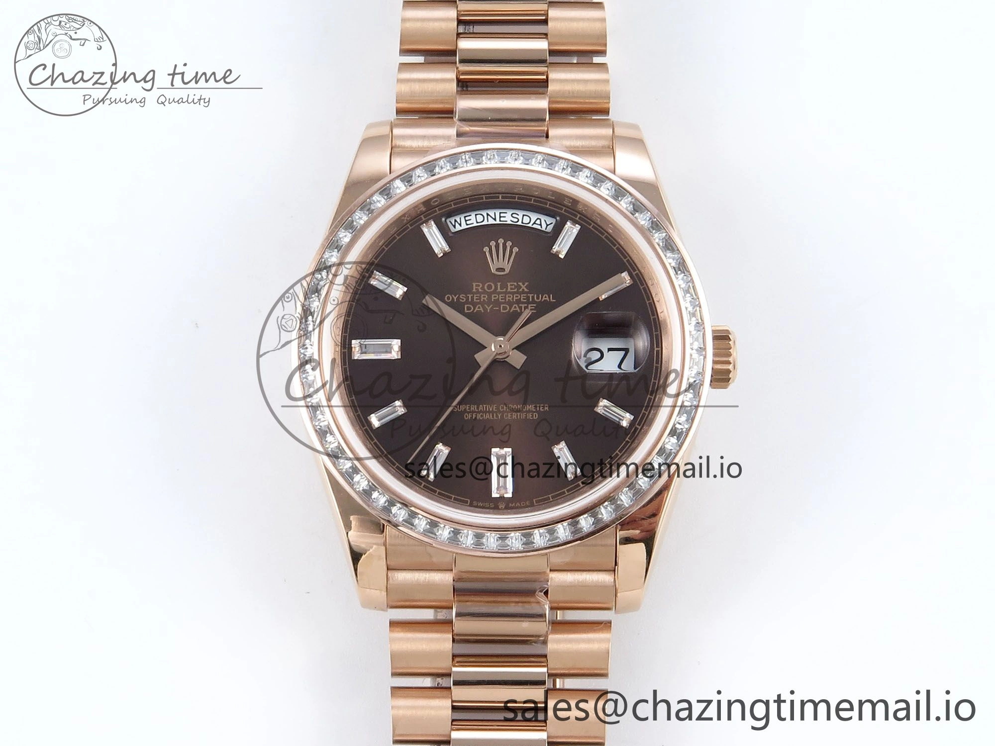 DayDate 40 RG QF 1:1 Best Edition Brown Crystal Dial Diamonds Bezel on President Bracelet A2836 V5 (Gain Weight)