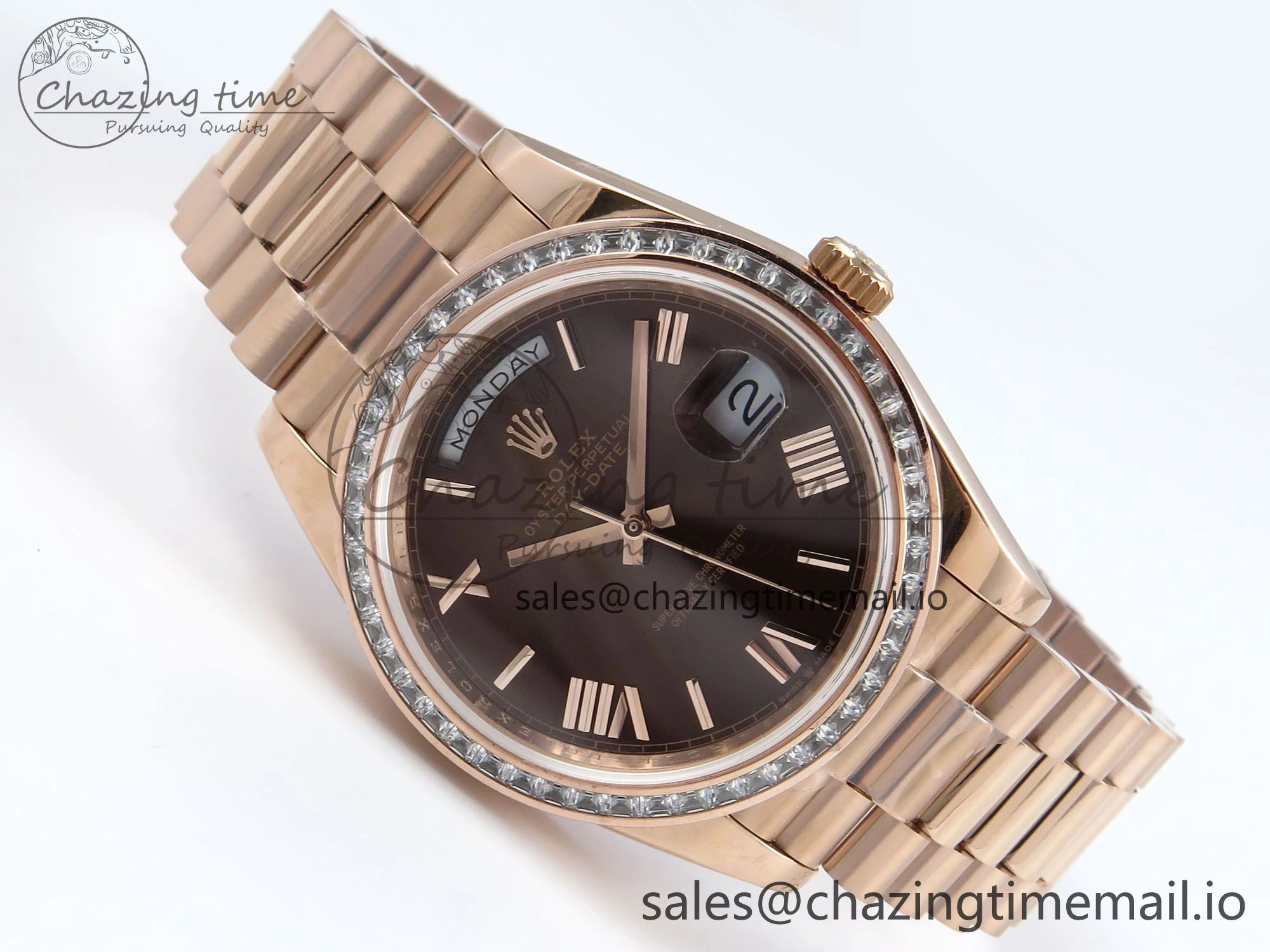 DayDate 40 RG QF 1:1 Best Edition Brown Roman Dial Diamonds Bezel on President Bracelet A2836 V5 (Gain Weight)