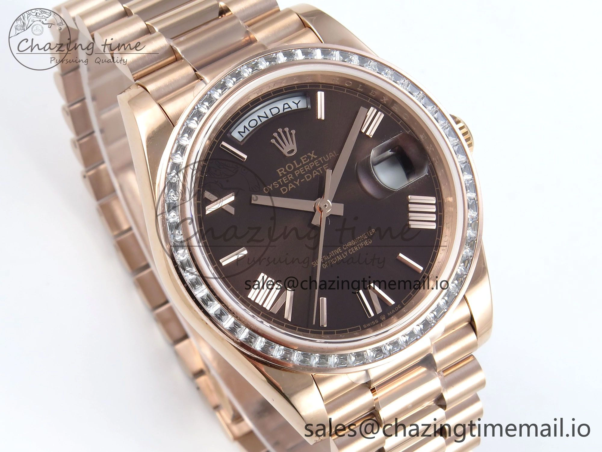 DayDate 40 RG QF 1:1 Best Edition Brown Roman Dial Diamonds Bezel on President Bracelet A2836 V5 (Gain Weight)