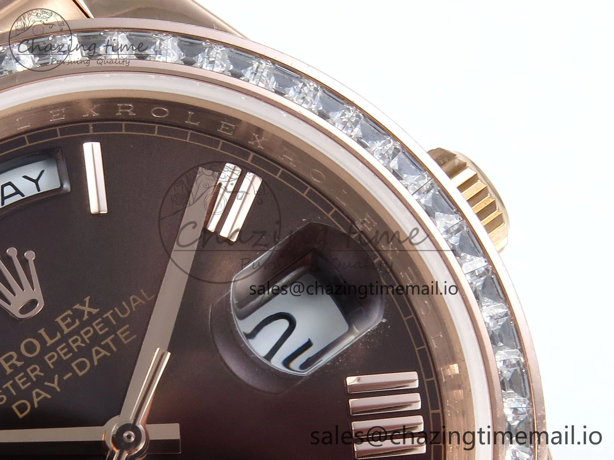 DayDate 40 RG QF 1:1 Best Edition Brown Roman Dial Diamonds Bezel on President Bracelet A2836 V5 (Gain Weight)