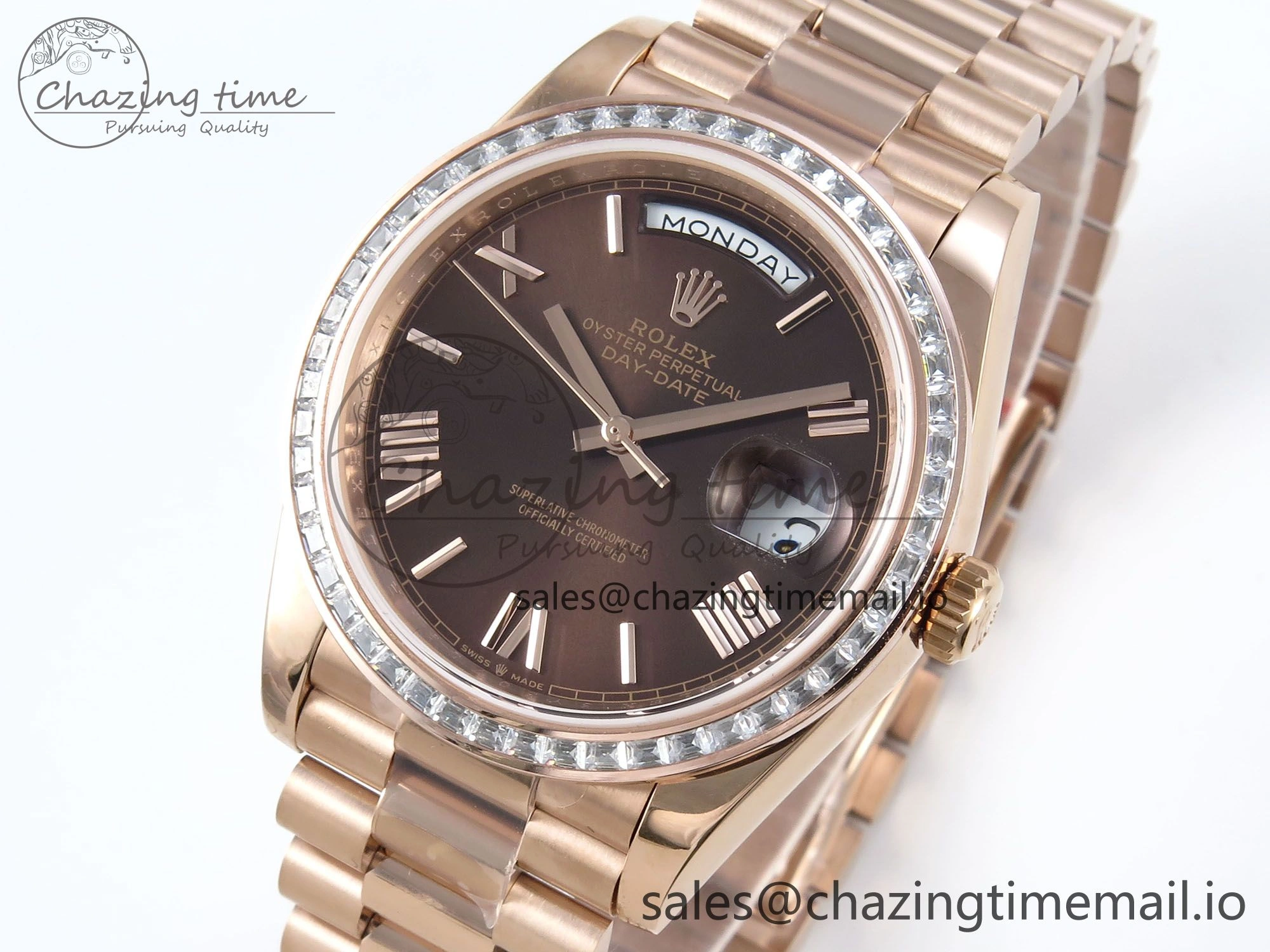 DayDate 40 RG QF 1:1 Best Edition Brown Roman Dial Diamonds Bezel on President Bracelet A2836 V5 (Gain Weight)
