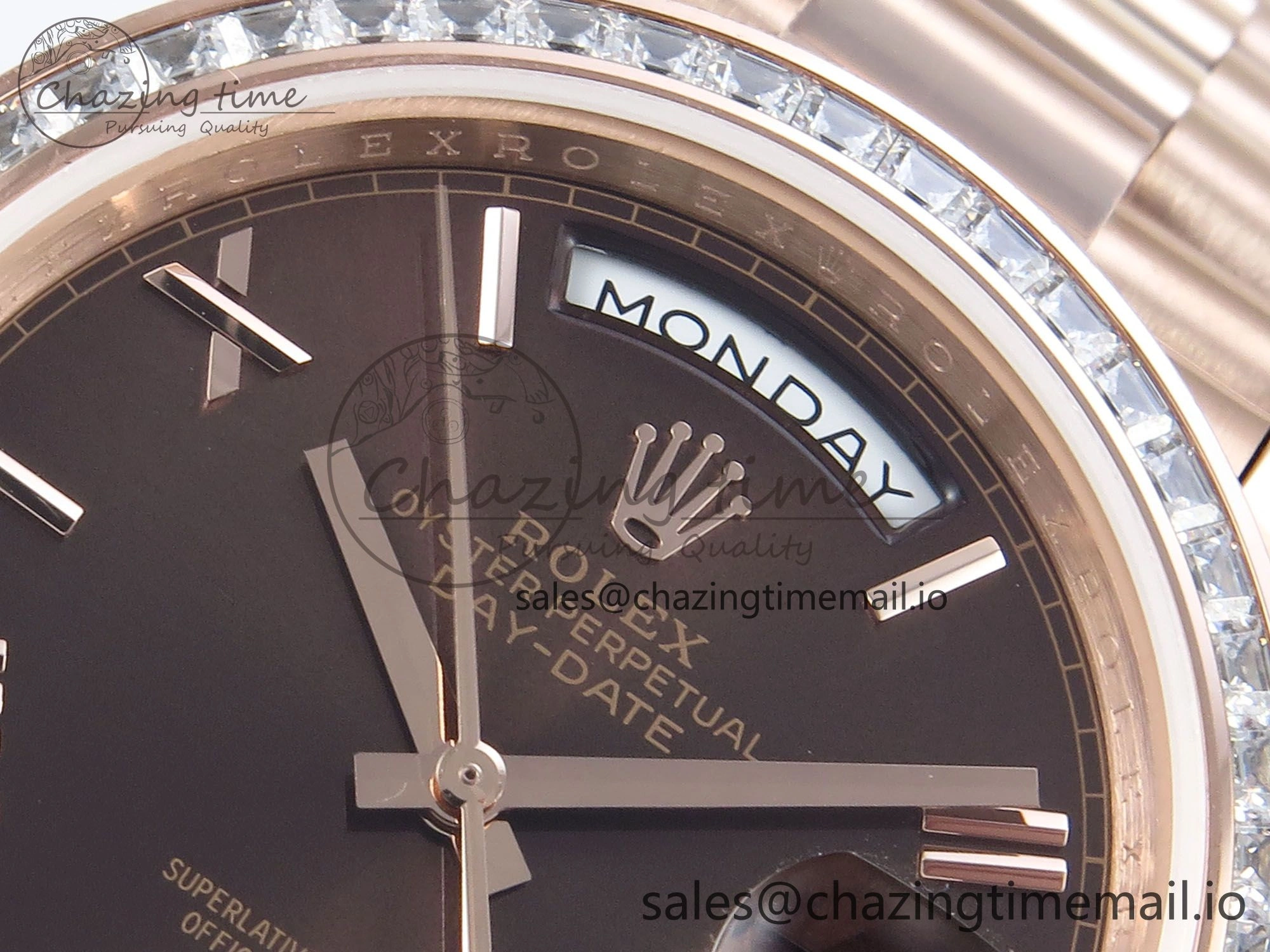 DayDate 40 RG QF 1:1 Best Edition Brown Roman Dial Diamonds Bezel on President Bracelet A2836 V5 (Gain Weight)