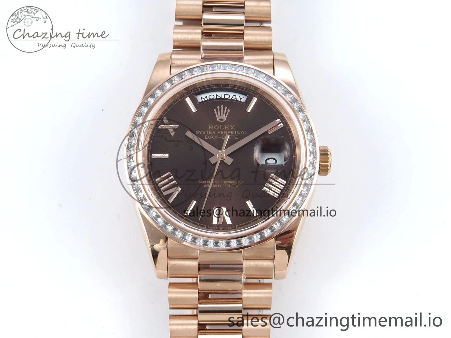 DayDate 40 RG QF 1:1 Best Edition Brown Roman Dial Diamonds Bezel on President Bracelet A2836 V5 (Gain Weight)