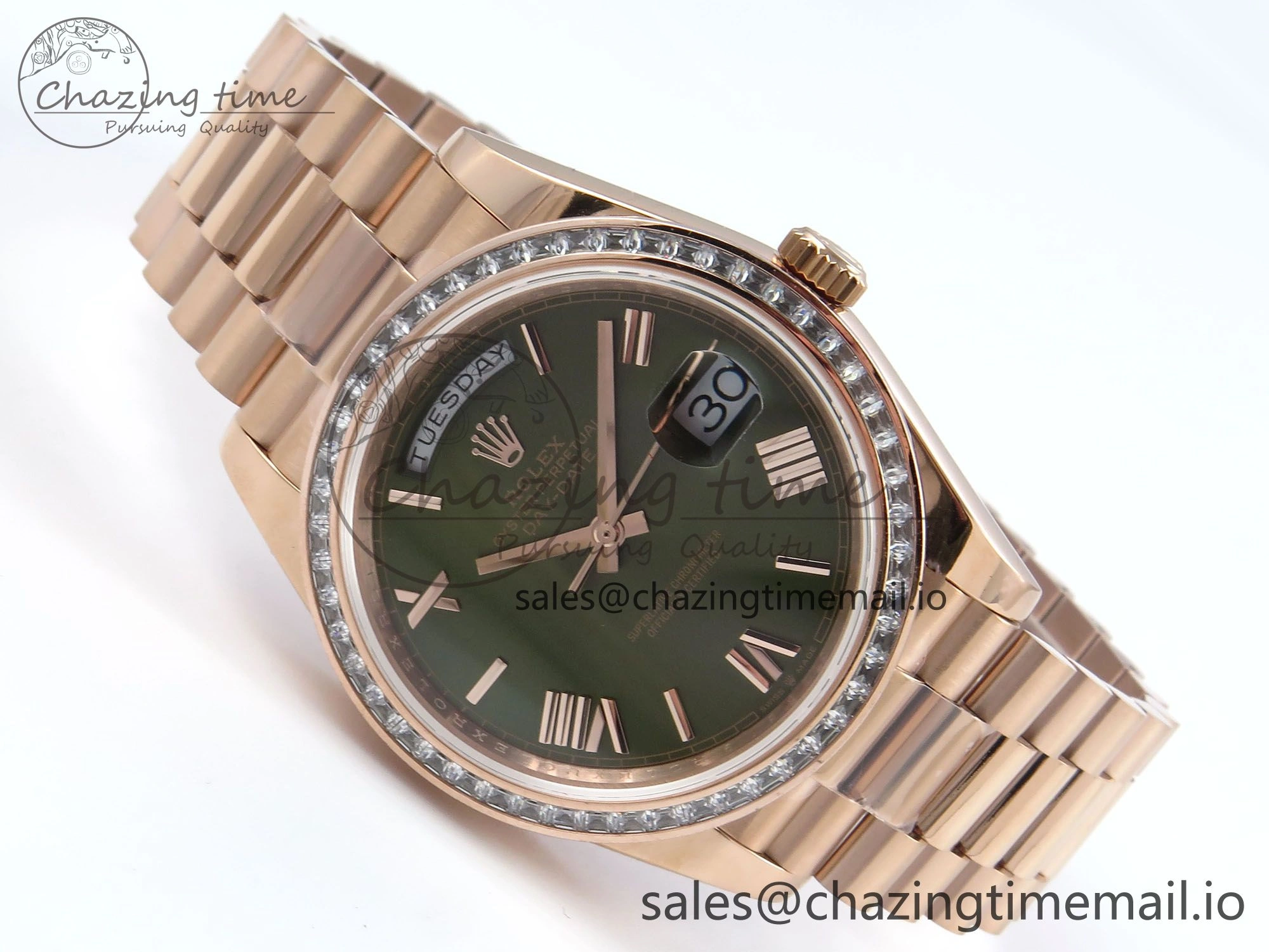 DayDate 40 RG QF 1:1 Best Edition Green Roman Dial Diamonds Bezel on President Bracelet A2836 V5 (Gain Weight)