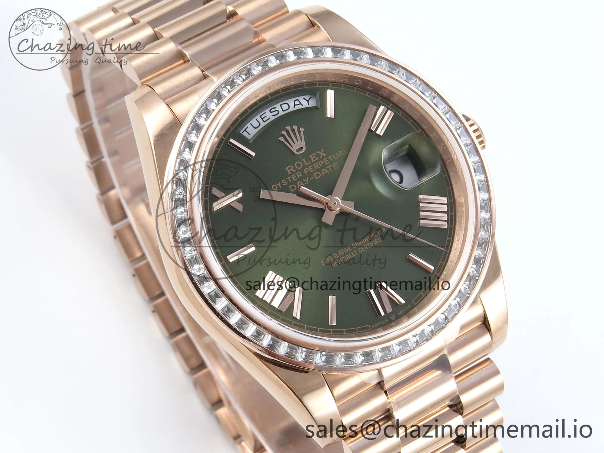 DayDate 40 RG QF 1:1 Best Edition Green Roman Dial Diamonds Bezel on President Bracelet A2836 V5 (Gain Weight)