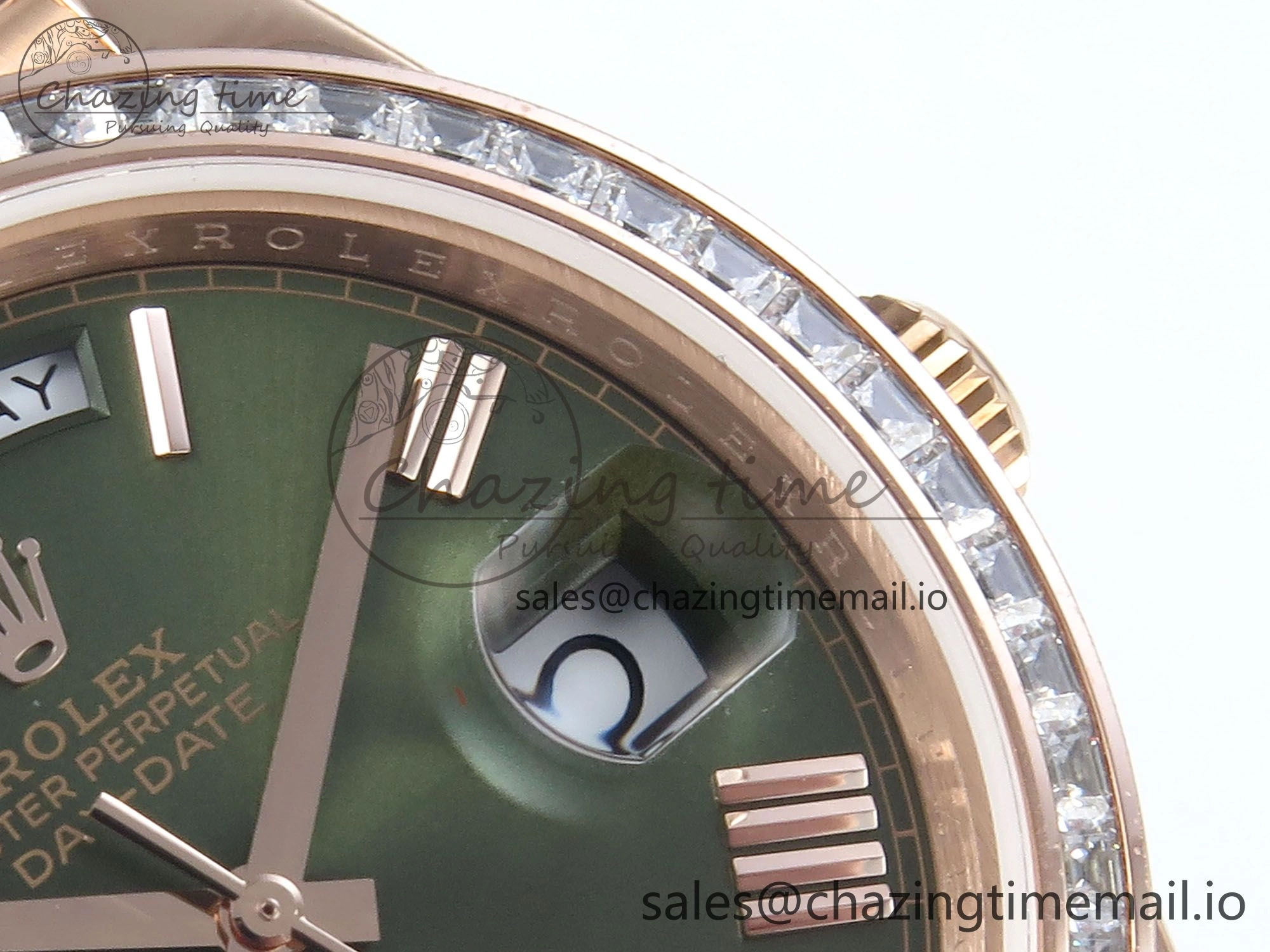 DayDate 40 RG QF 1:1 Best Edition Green Roman Dial Diamonds Bezel on President Bracelet A2836 V5 (Gain Weight)