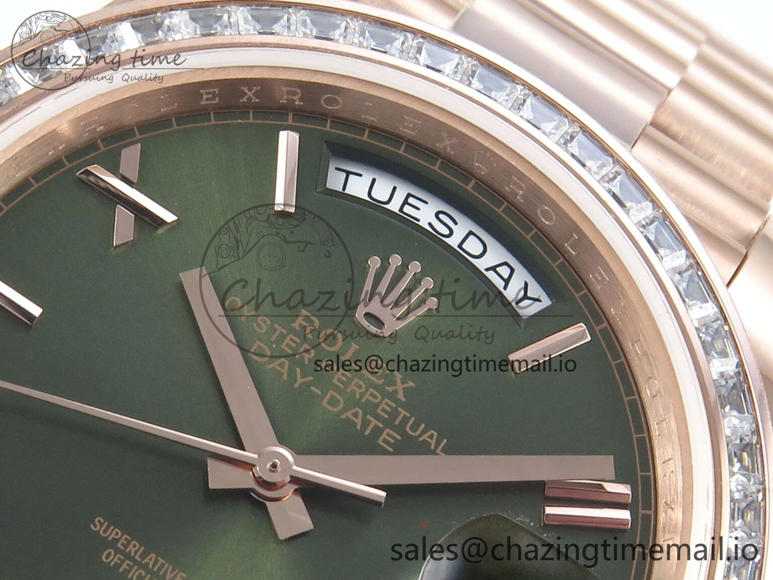 DayDate 40 RG QF 1:1 Best Edition Green Roman Dial Diamonds Bezel on President Bracelet A2836 V5 (Gain Weight)