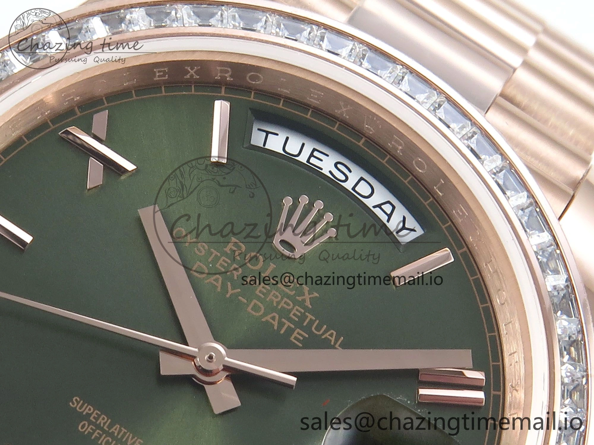 DayDate 40 RG QF 1:1 Best Edition Green Roman Dial Diamonds Bezel on President Bracelet A2836 V5 (Gain Weight)