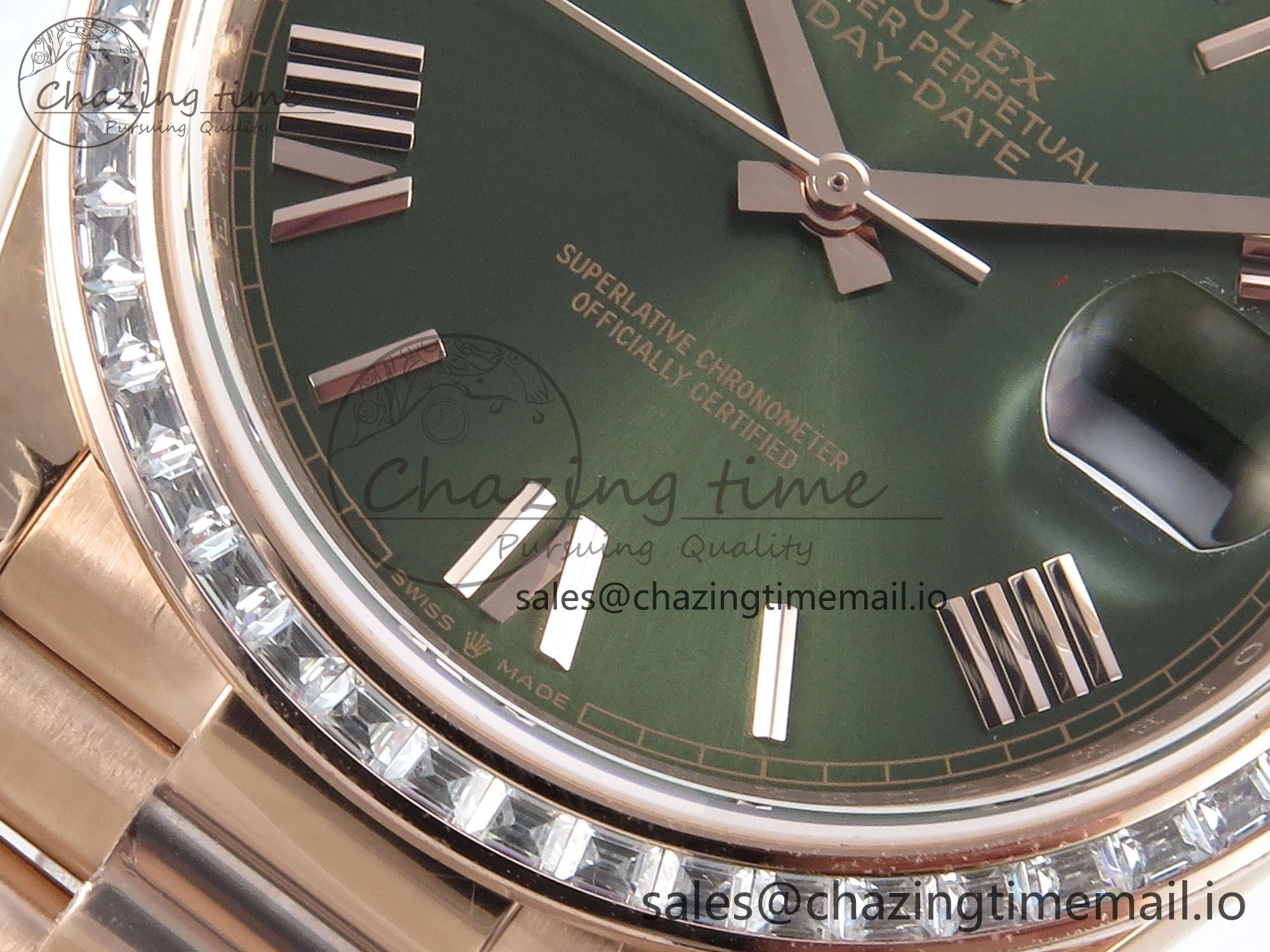 DayDate 40 RG QF 1:1 Best Edition Green Roman Dial Diamonds Bezel on President Bracelet A2836 V5 (Gain Weight)