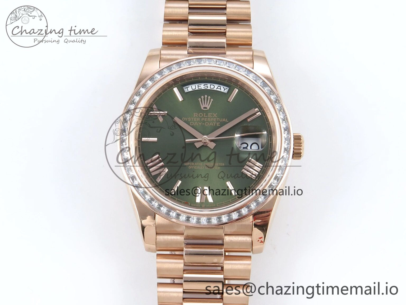 DayDate 40 RG QF 1:1 Best Edition Green Roman Dial Diamonds Bezel on President Bracelet A2836 V5 (Gain Weight)
