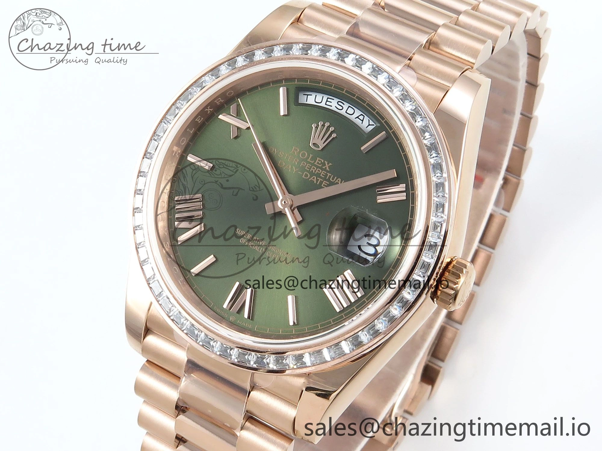 DayDate 40 RG QF 1:1 Best Edition Green Roman Dial Diamonds Bezel on President Bracelet A2836 V5 (Gain Weight)