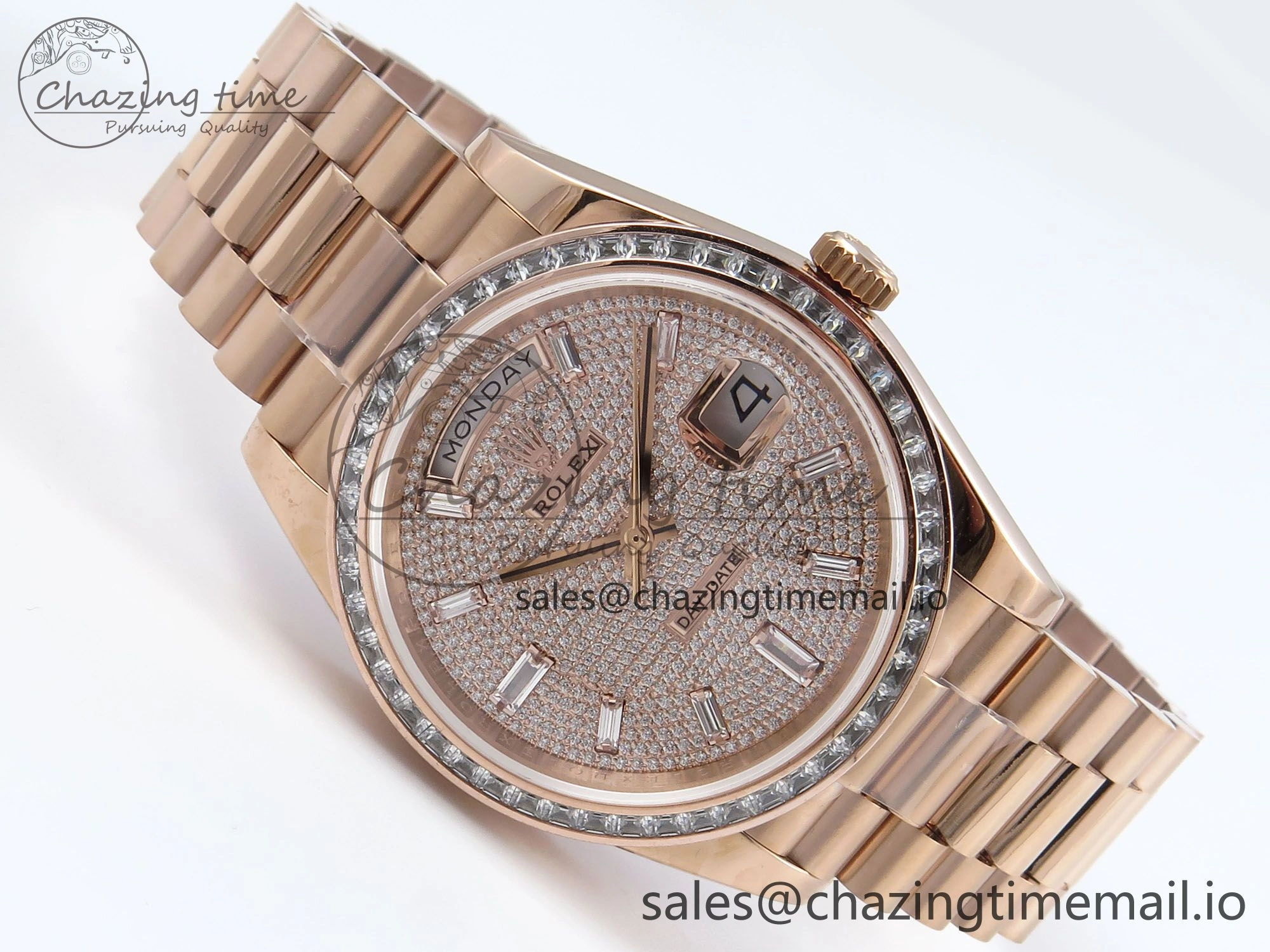 DayDate 40 RG QF 1:1 Best Edition RG Diamonds Dial Diamonds Bezel on President Bracelet A2836 V5 (Gain Weight)