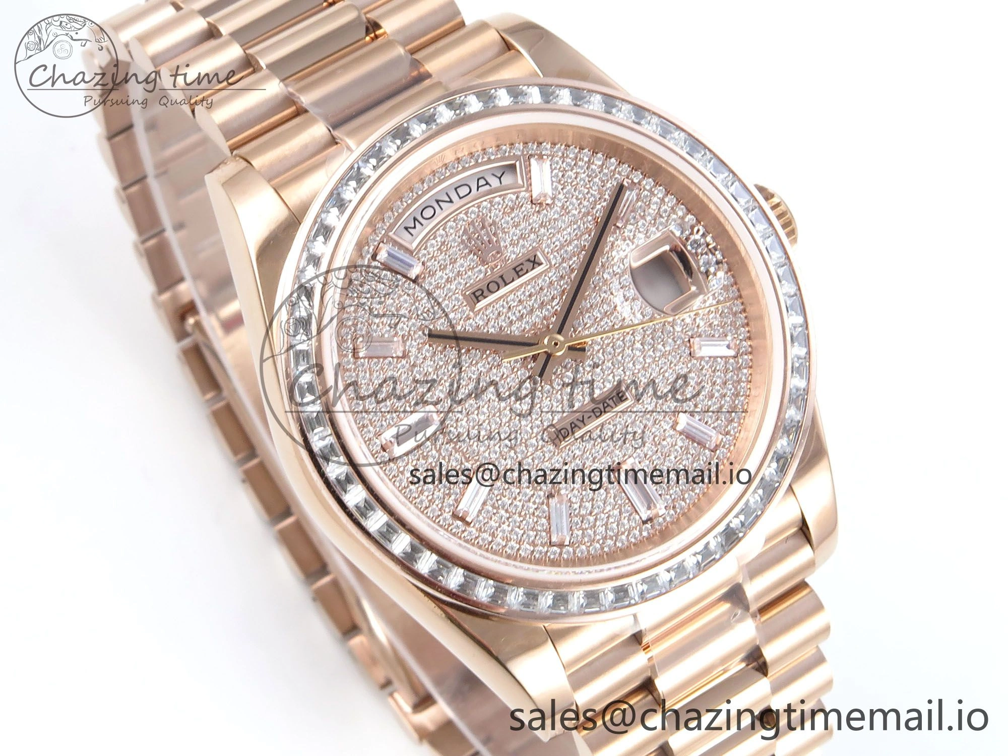 DayDate 40 RG QF 1:1 Best Edition RG Diamonds Dial Diamonds Bezel on President Bracelet A2836 V5 (Gain Weight)