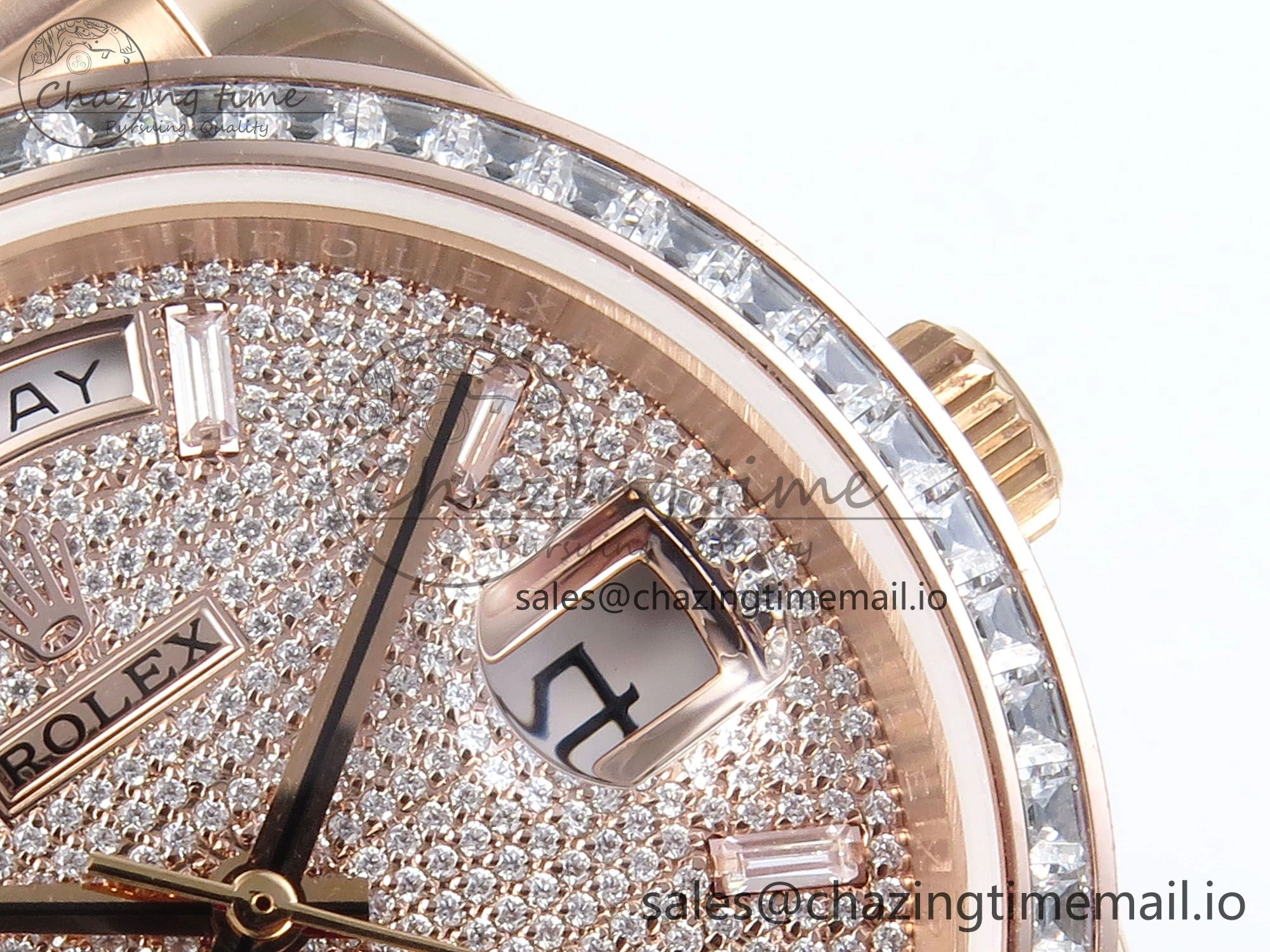 DayDate 40 RG QF 1:1 Best Edition RG Diamonds Dial Diamonds Bezel on President Bracelet A2836 V5 (Gain Weight)