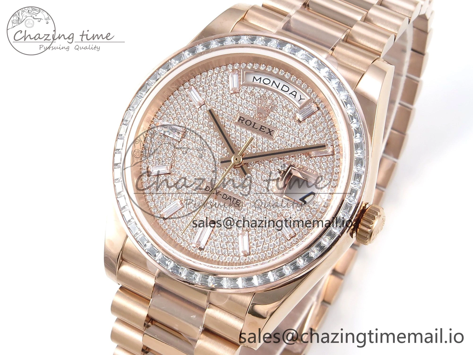 DayDate 40 RG QF 1:1 Best Edition RG Diamonds Dial Diamonds Bezel on President Bracelet A2836 V5 (Gain Weight)
