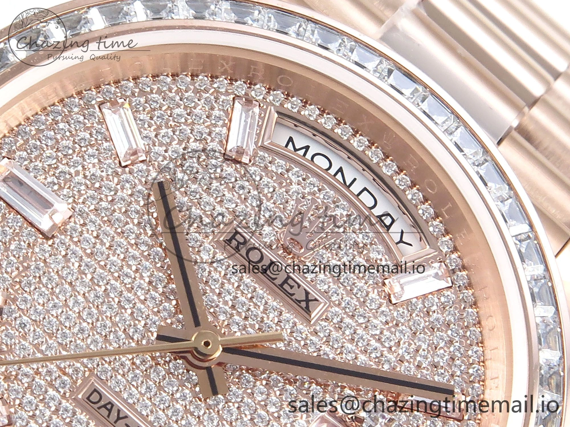 DayDate 40 RG QF 1:1 Best Edition RG Diamonds Dial Diamonds Bezel on President Bracelet A2836 V5 (Gain Weight)