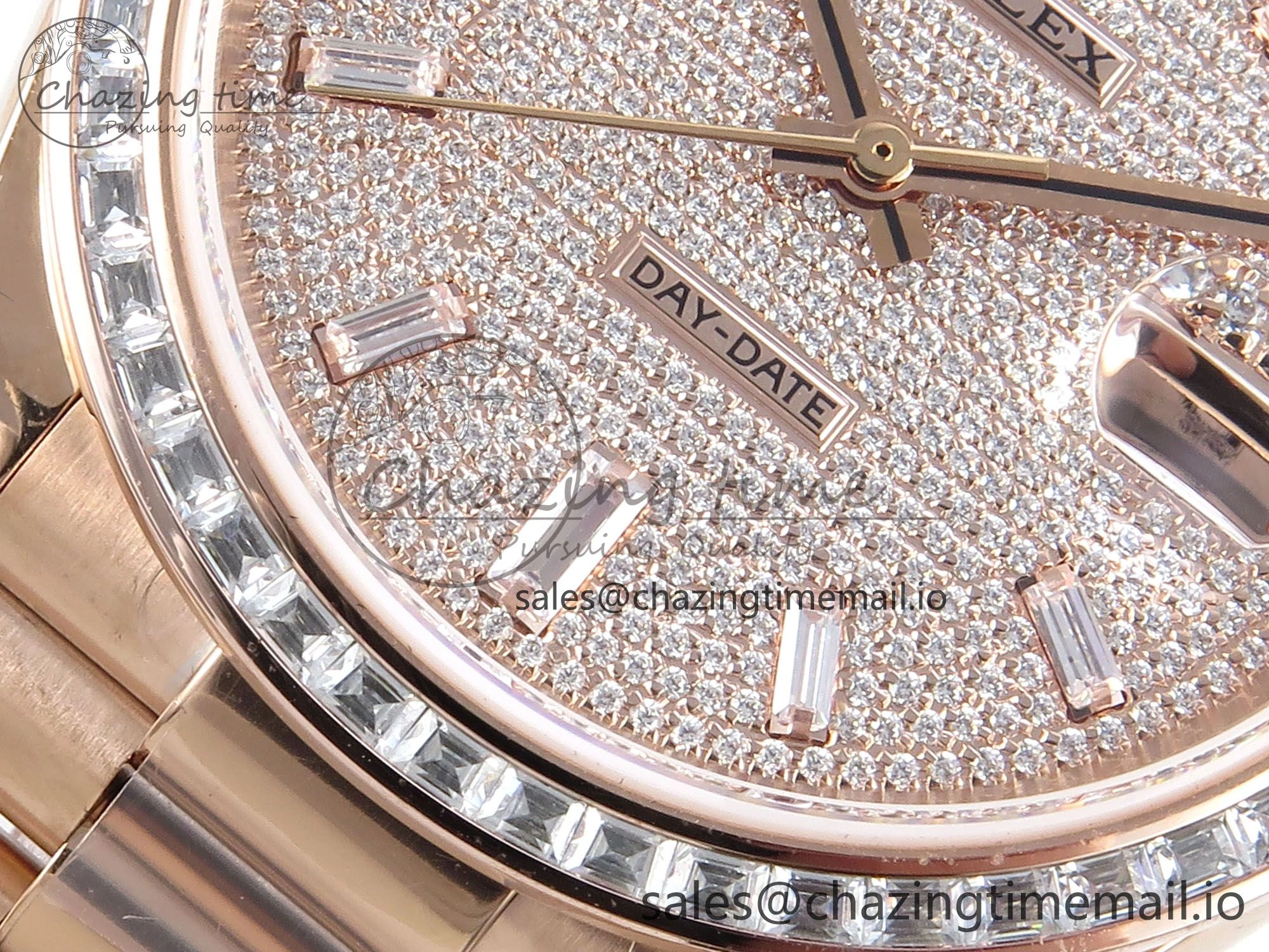 DayDate 40 RG QF 1:1 Best Edition RG Diamonds Dial Diamonds Bezel on President Bracelet A2836 V5 (Gain Weight)