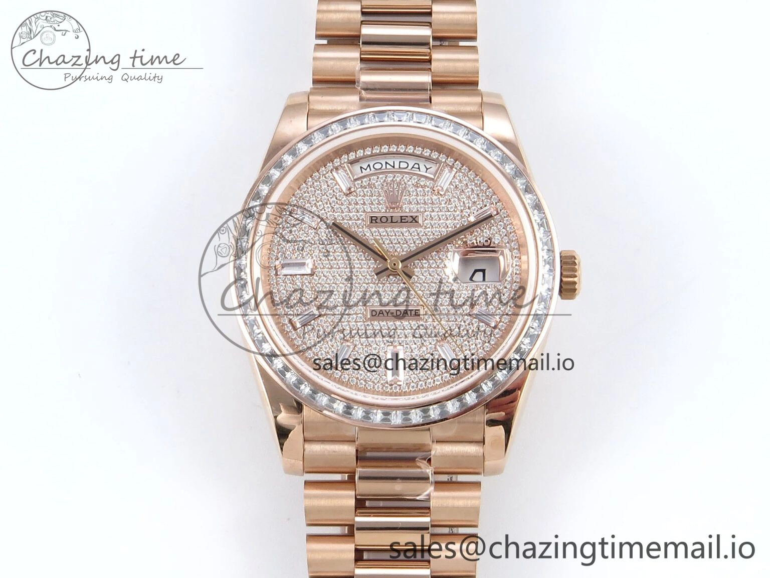DayDate 40 RG QF 1:1 Best Edition RG Diamonds Dial Diamonds Bezel on President Bracelet A2836 V5 (Gain Weight)
