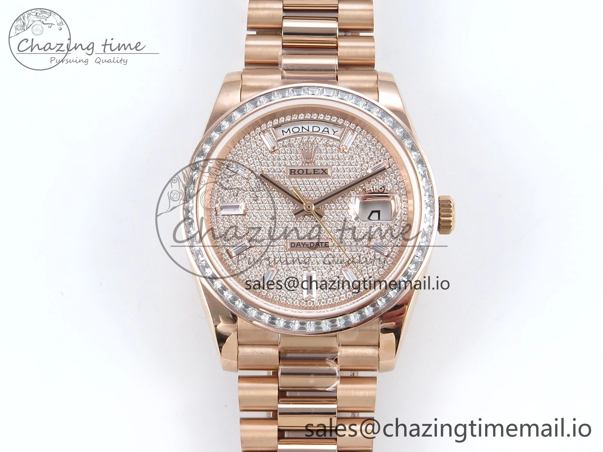 DayDate 40 RG QF 1:1 Best Edition RG Diamonds Dial Diamonds Bezel on President Bracelet A2836 V5 (Gain Weight)