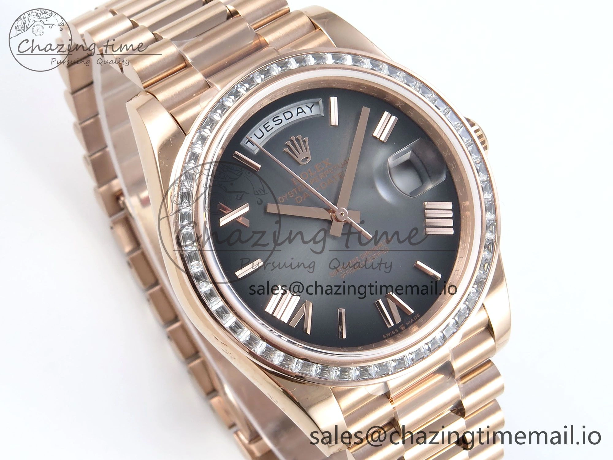 DayDate 40 RG QF 1:1 Best Edition Slate Ombre Dial Diamonds Bezel on President Bracelet A2836 V5 (Gain Weight)
