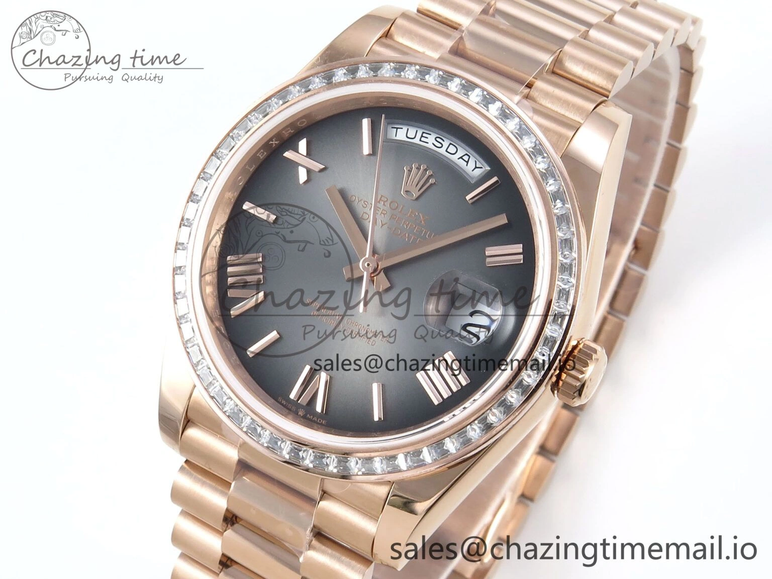 DayDate 40 RG QF 1:1 Best Edition Slate Ombre Dial Diamonds Bezel on President Bracelet A2836 V5 (Gain Weight)