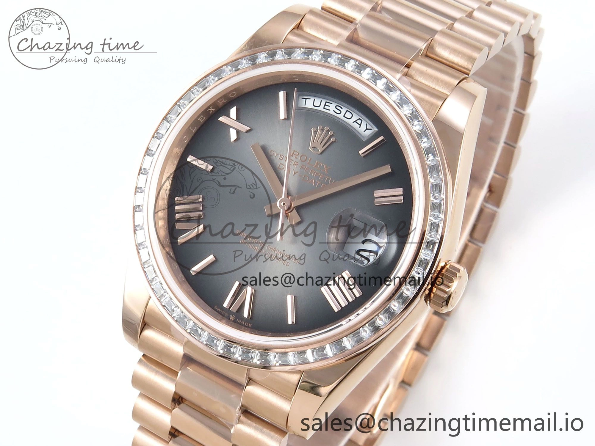 DayDate 40 RG QF 1:1 Best Edition Slate Ombre Dial Diamonds Bezel on President Bracelet A2836 V5 (Gain Weight)