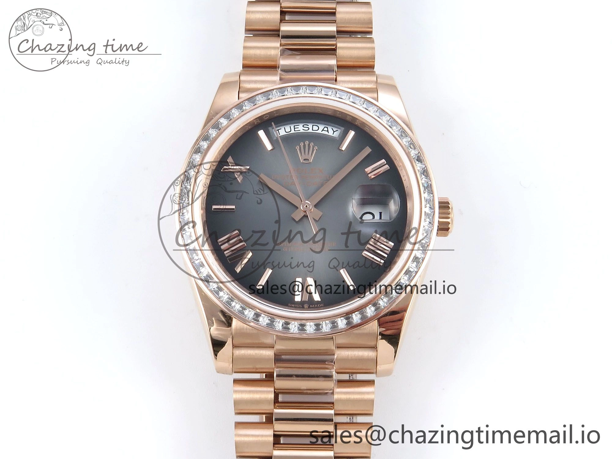 DayDate 40 RG QF 1:1 Best Edition Slate Ombre Dial Diamonds Bezel on President Bracelet A2836 V5 (Gain Weight)