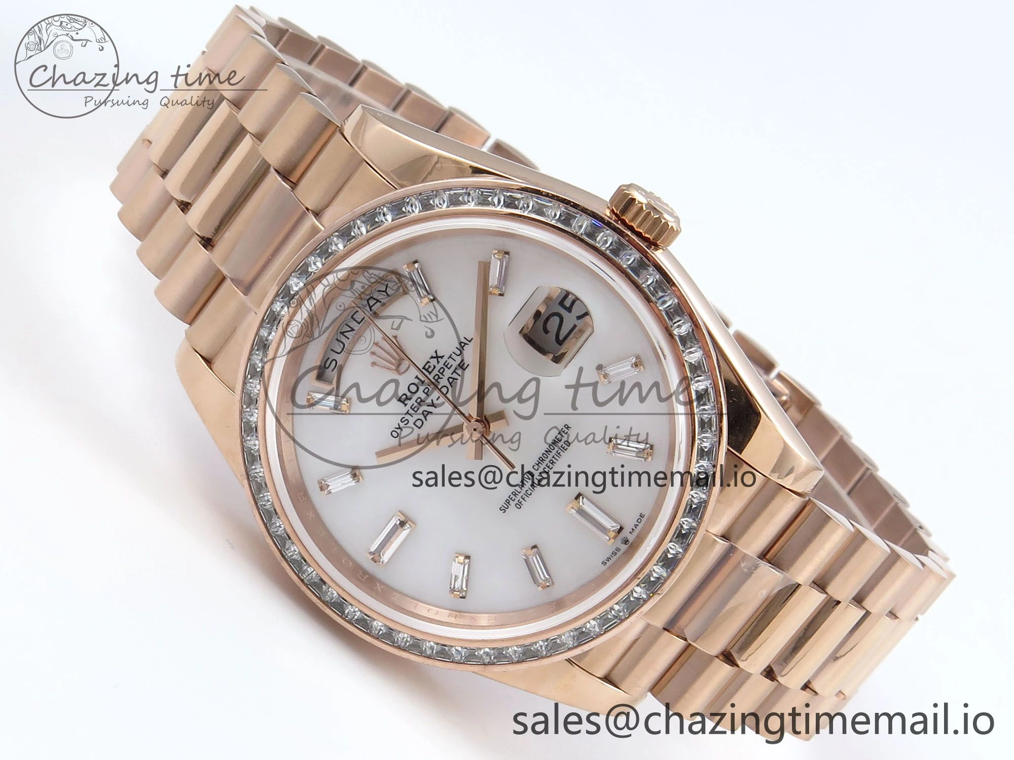 DayDate 40 RG QF 1:1 Best Edition White MOP Dial Diamonds Bezel on President Bracelet A2836 V5 (Gain Weight)