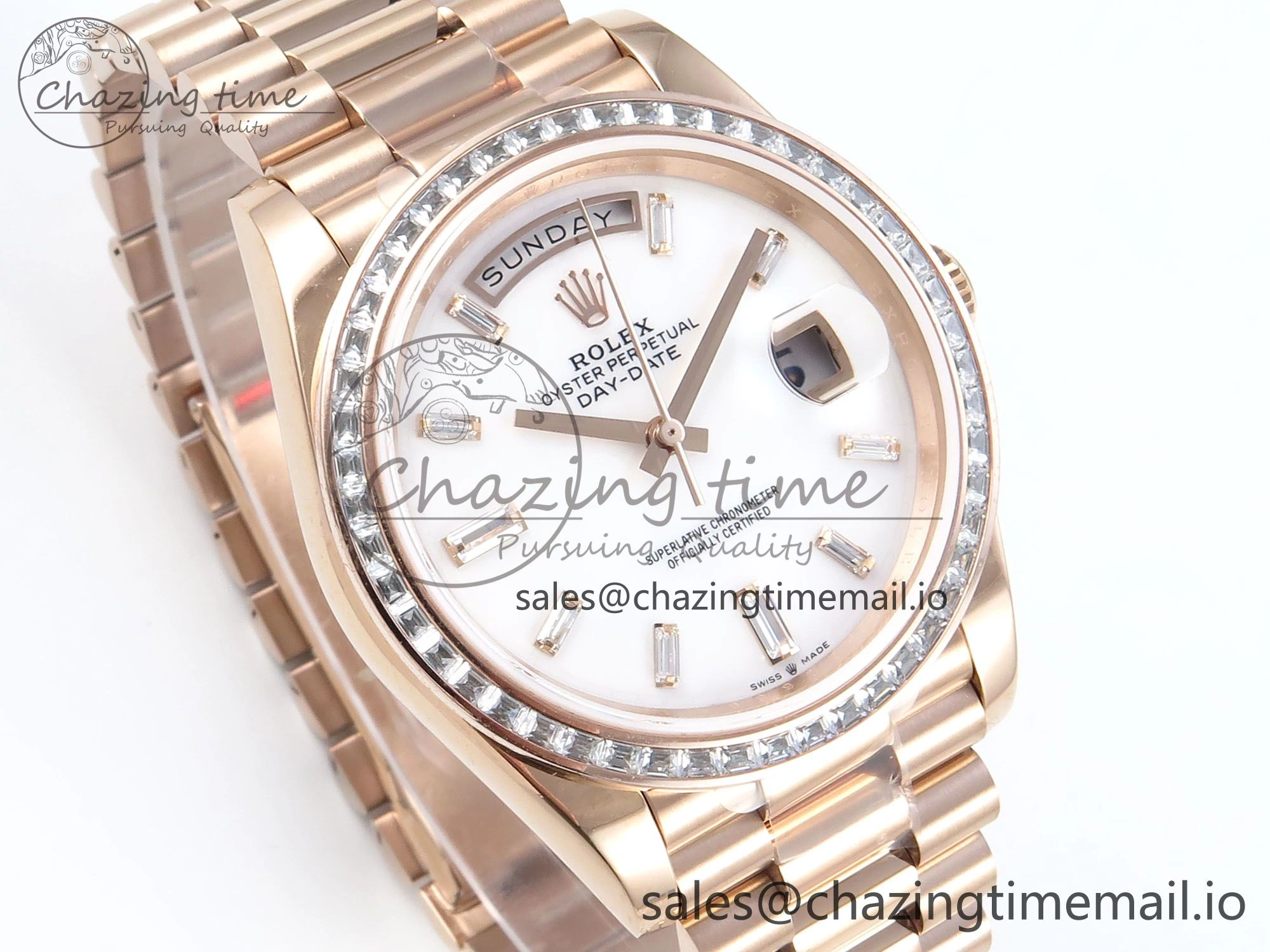 DayDate 40 RG QF 1:1 Best Edition White MOP Dial Diamonds Bezel on President Bracelet A2836 V5 (Gain Weight)