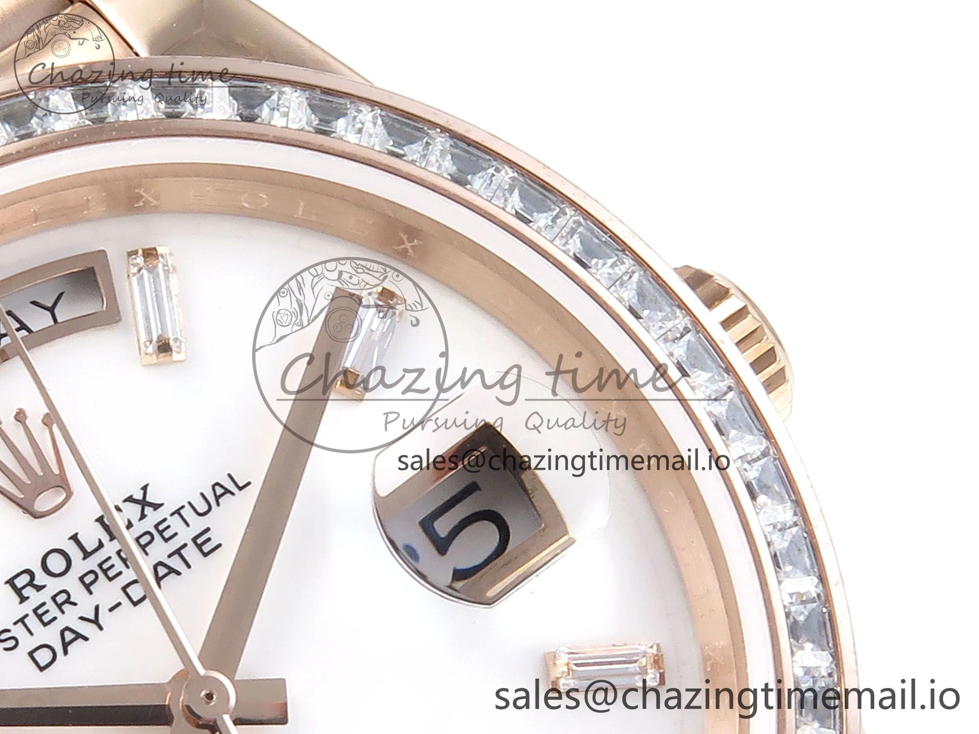 DayDate 40 RG QF 1:1 Best Edition White MOP Dial Diamonds Bezel on President Bracelet A2836 V5 (Gain Weight)