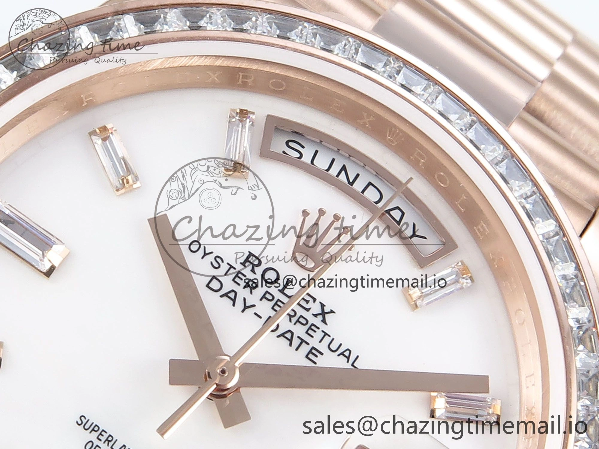 DayDate 40 RG QF 1:1 Best Edition White MOP Dial Diamonds Bezel on President Bracelet A2836 V5 (Gain Weight)