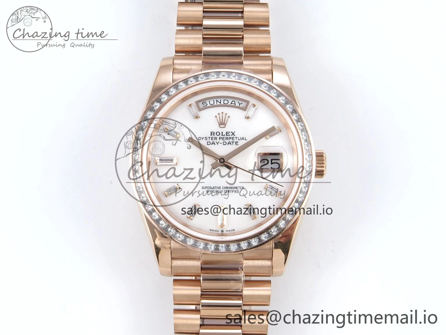 DayDate 40 RG QF 1:1 Best Edition White MOP Dial Diamonds Bezel on President Bracelet A2836 V5 (Gain Weight)