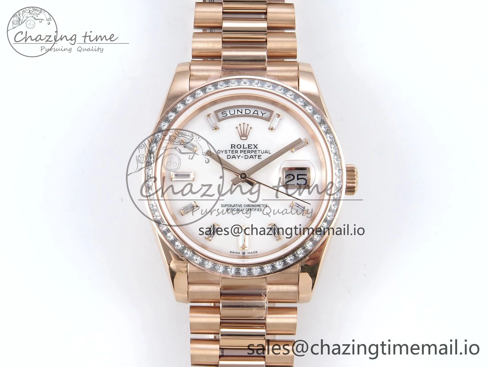 DayDate 40 RG QF 1:1 Best Edition White MOP Dial Diamonds Bezel on President Bracelet A2836 V5 (Gain Weight)
