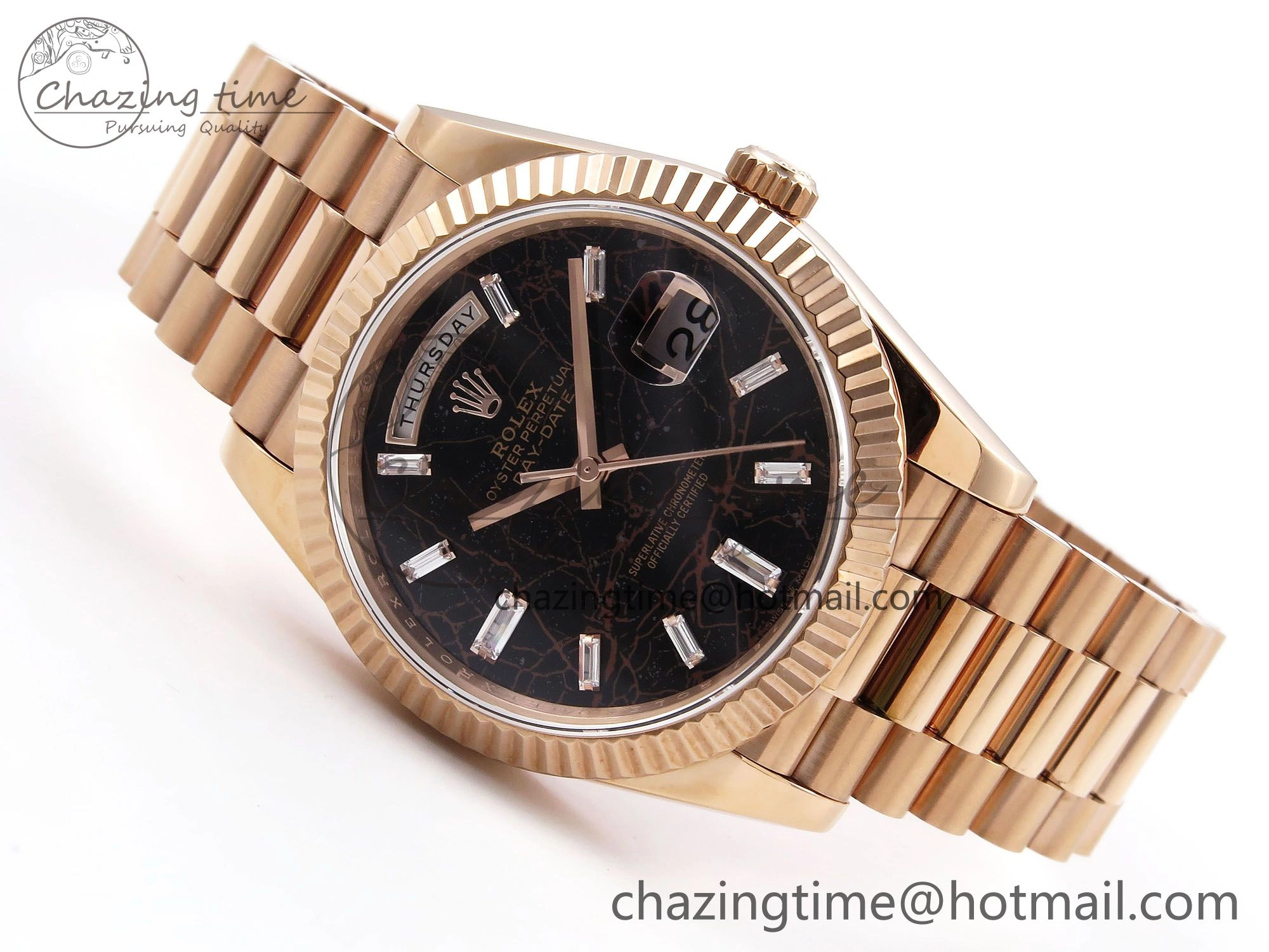 DayDate 40 RG QF Best Edition 904L Steel Slate Eisenkiesel Dial on President Bracelet VR3255 V4 (Gain Weight)