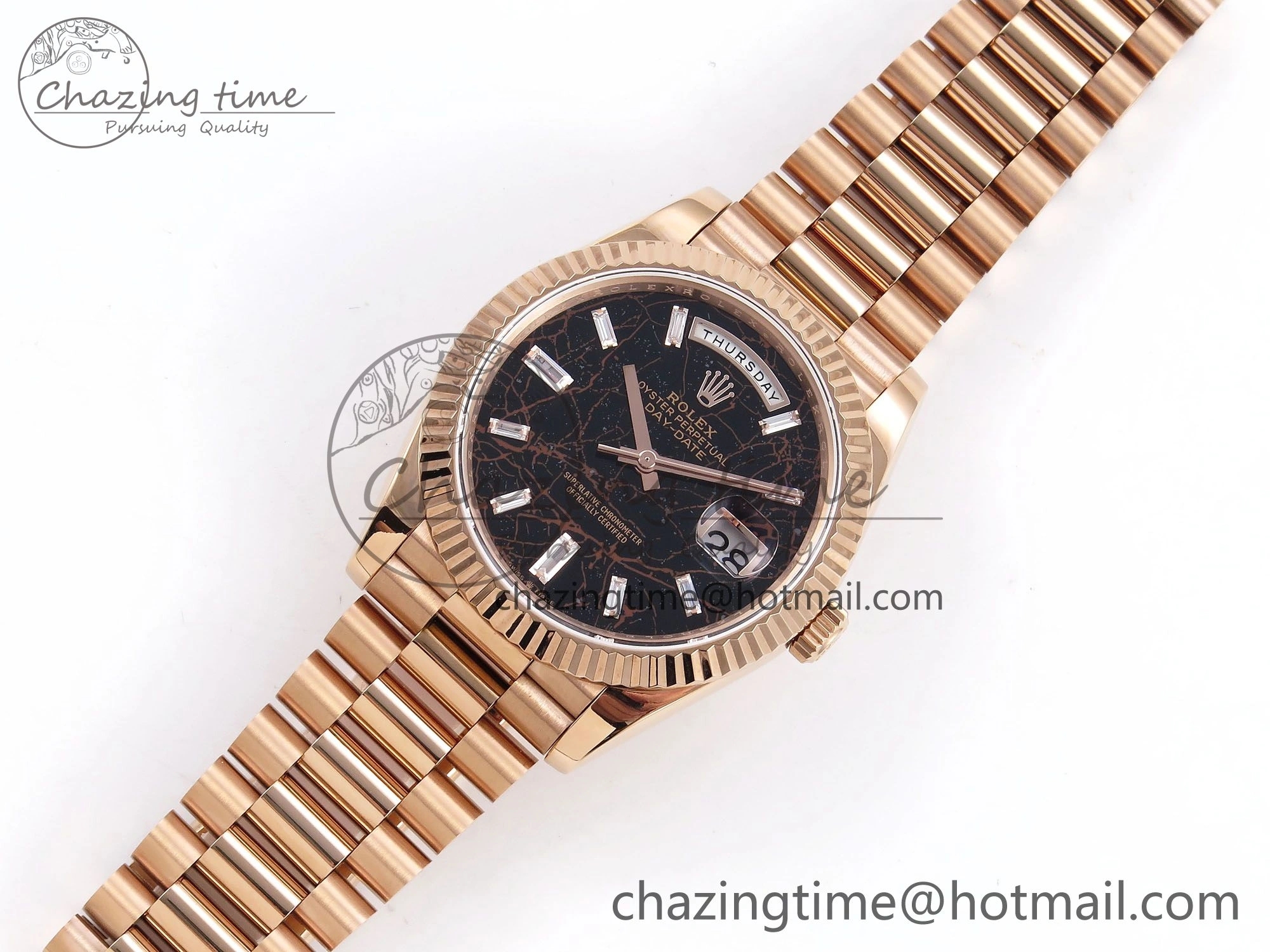 DayDate 40 RG QF Best Edition 904L Steel Slate Eisenkiesel Dial on President Bracelet VR3255 V4 (Gain Weight)