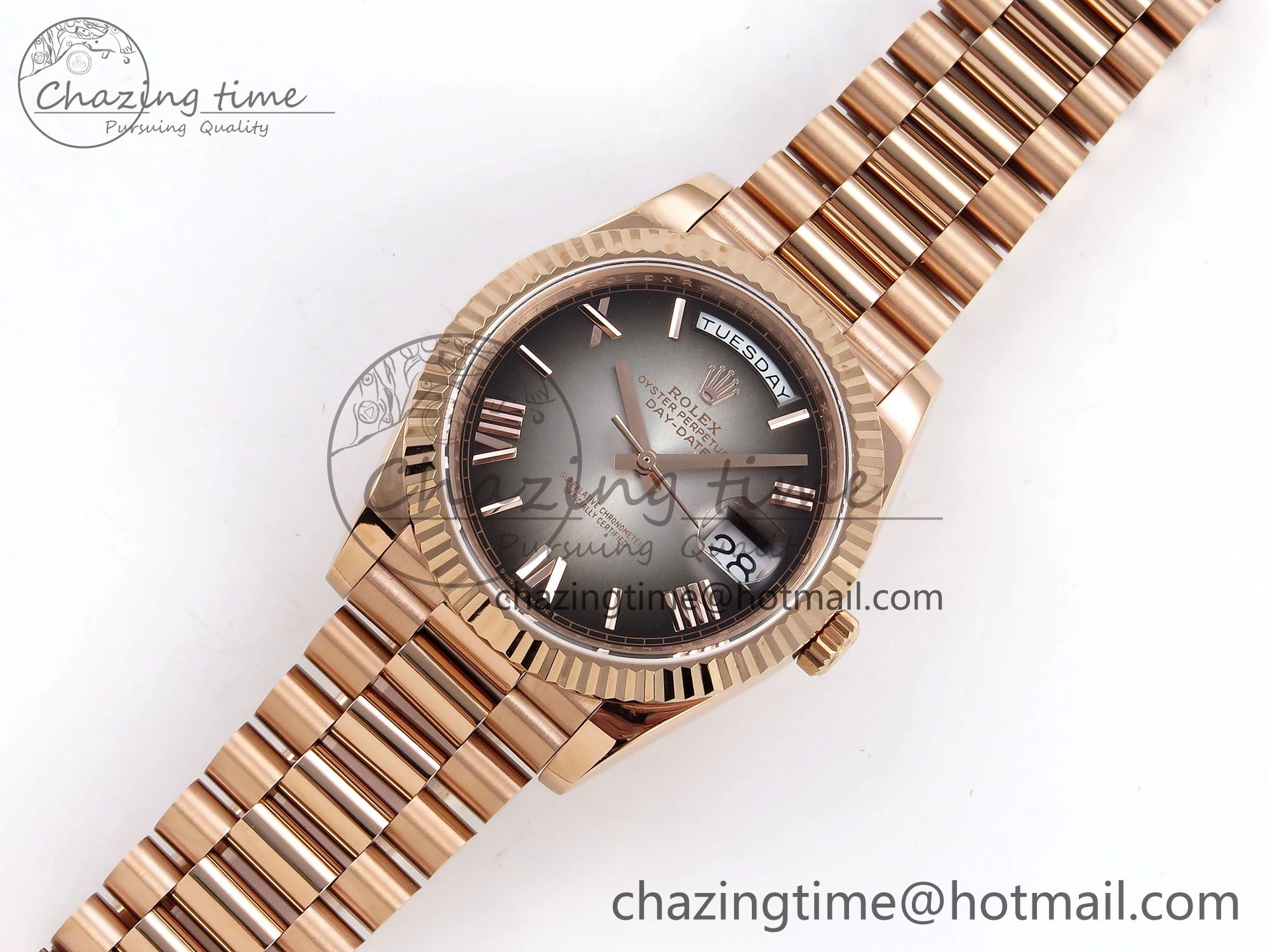 DayDate 40 RG QF Best Edition 904L Steel Slate Ombre Dial on President Bracelet VR3255 V4 (Gain Weight)