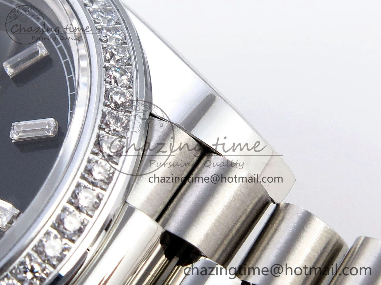 DayDate 40 SS GSF Gain Weight Black Crystal Dial Diamonds Bezel on President Bracelet A2836