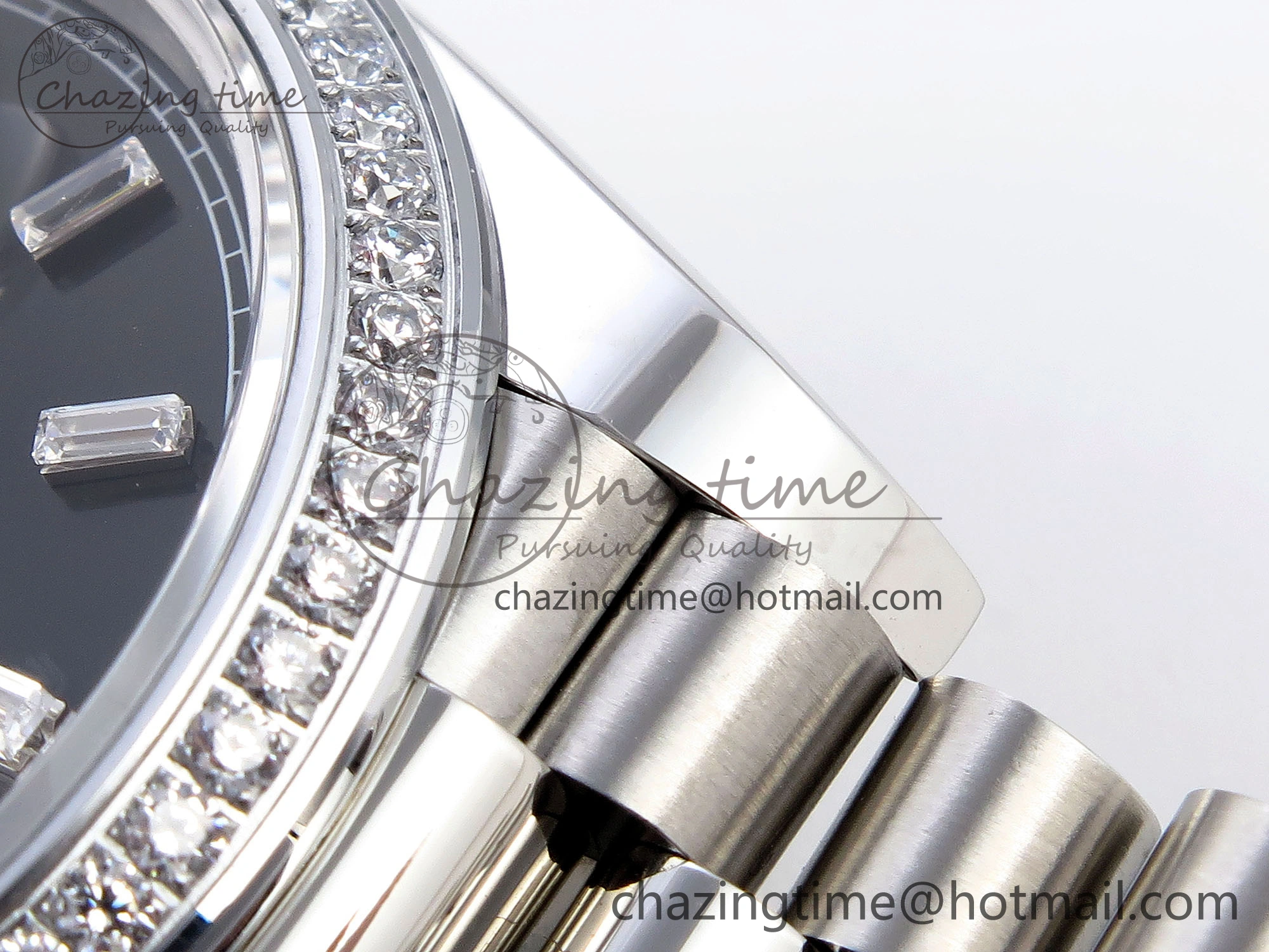 DayDate 40 SS GSF Gain Weight Black Crystal Dial Diamonds Bezel on President Bracelet A2836