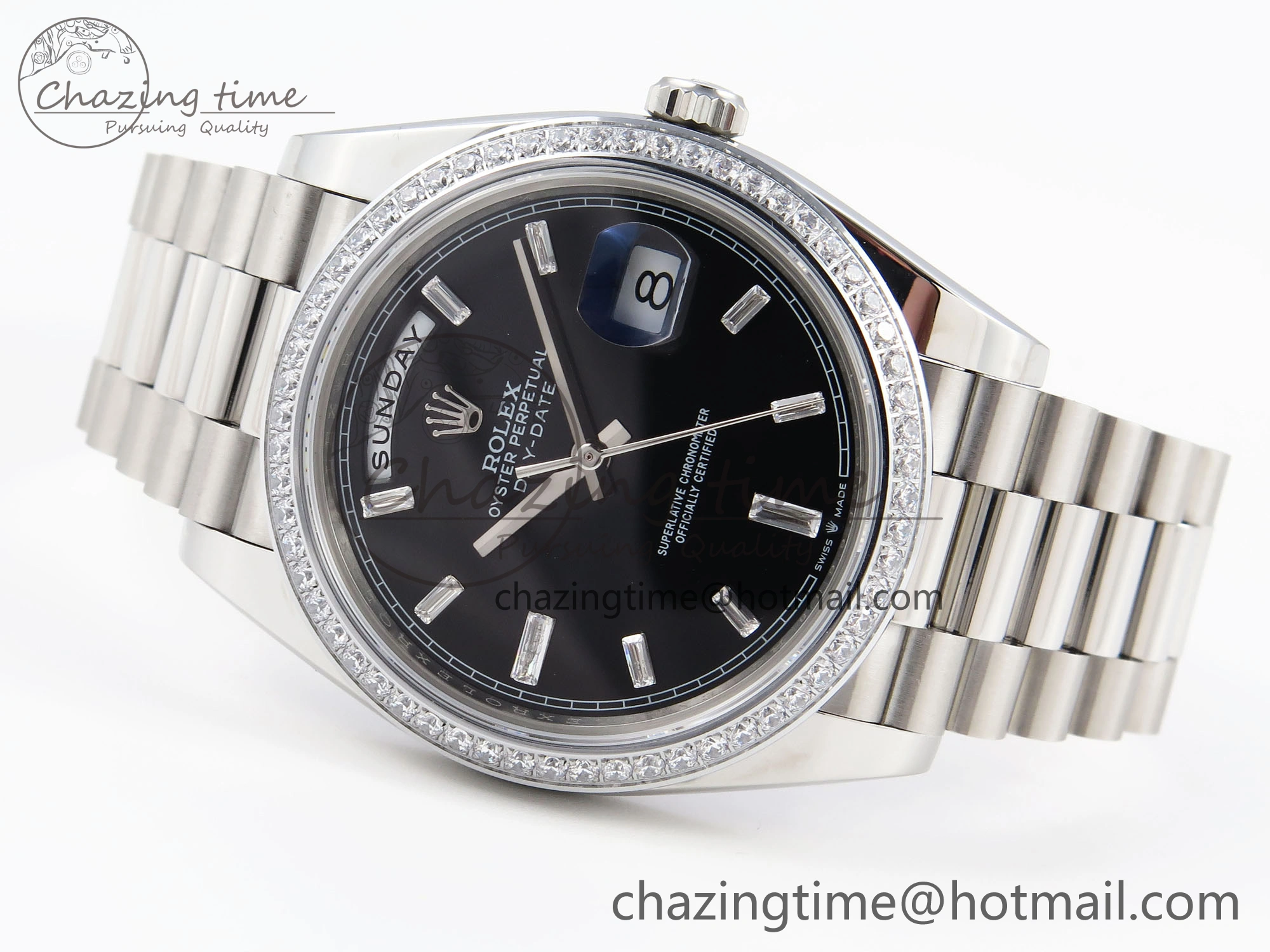 DayDate 40 SS GSF Gain Weight Black Crystal Dial Diamonds Bezel on President Bracelet A2836