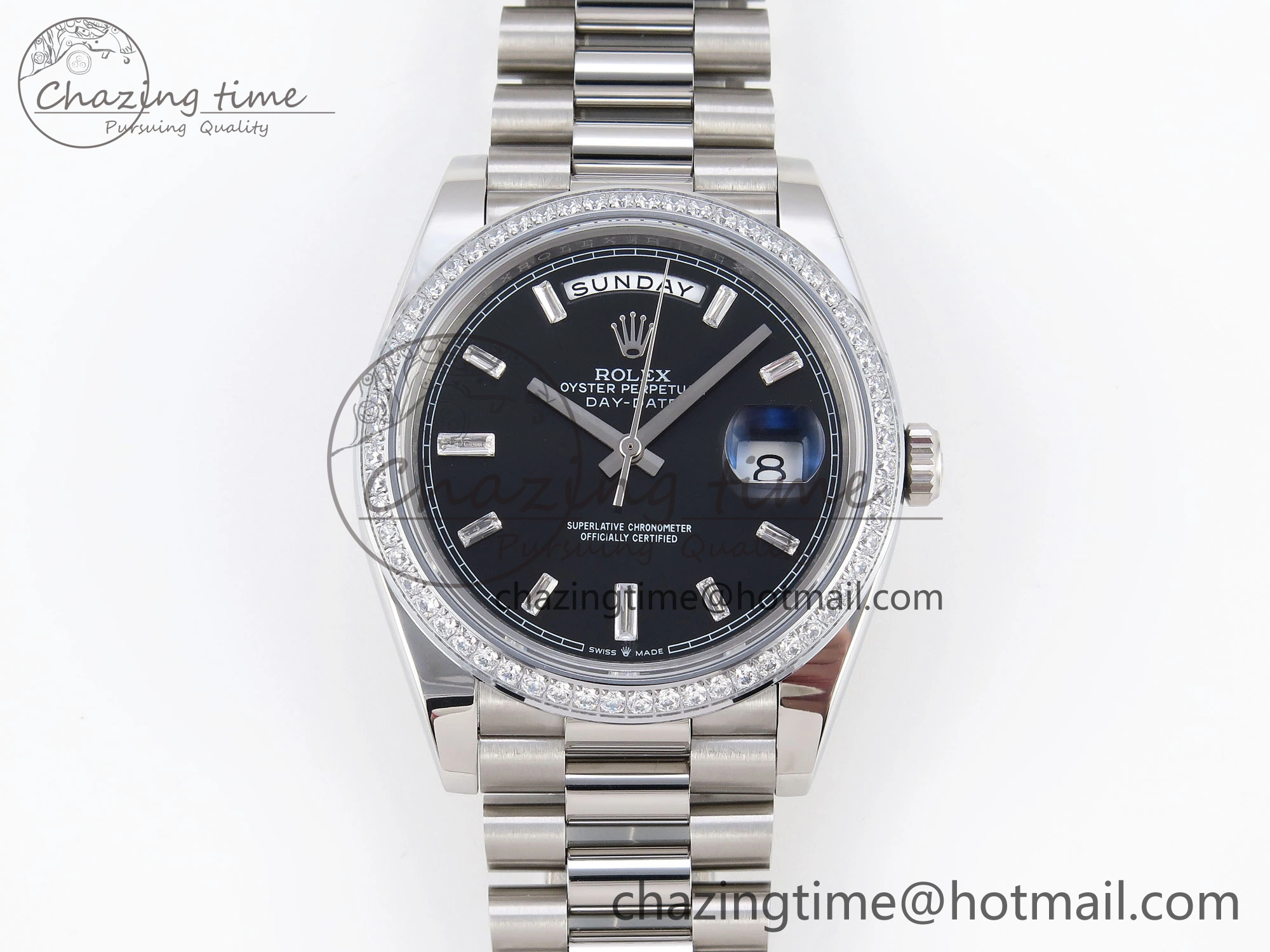 DayDate 40 SS GSF Gain Weight Black Crystal Dial Diamonds Bezel on President Bracelet A2836