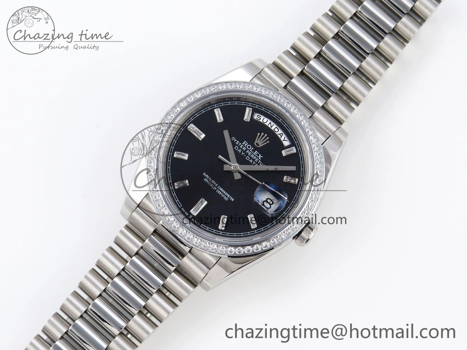 DayDate 40 SS GSF Gain Weight Black Crystal Dial Diamonds Bezel on President Bracelet A2836