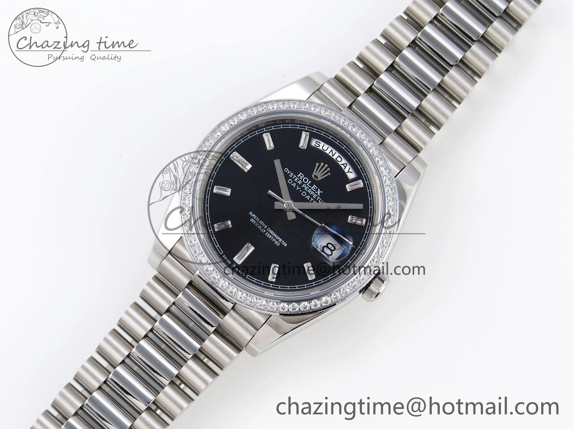 DayDate 40 SS GSF Gain Weight Black Crystal Dial Diamonds Bezel on President Bracelet A2836