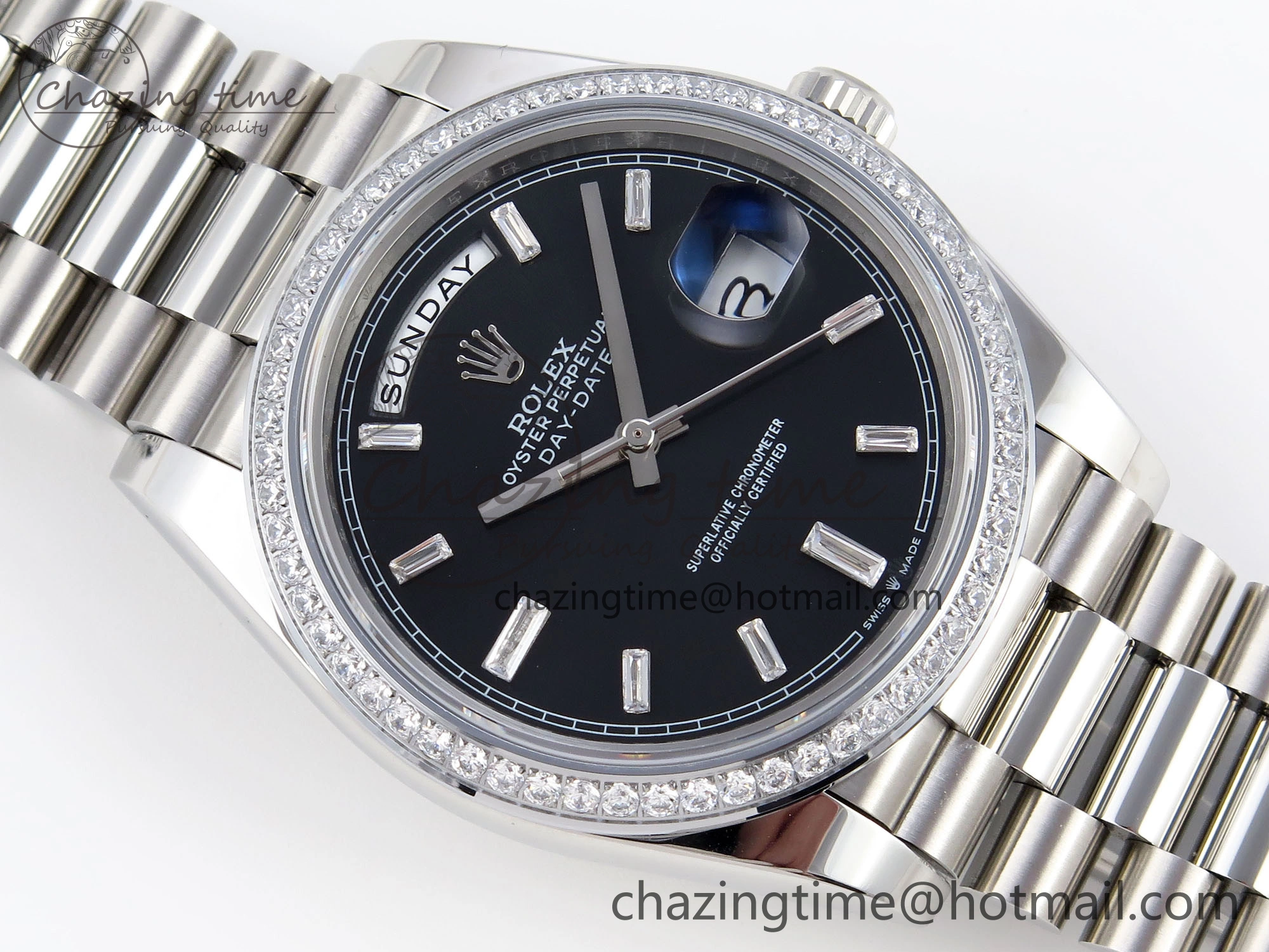 DayDate 40 SS GSF Gain Weight Black Crystal Dial Diamonds Bezel on President Bracelet A2836